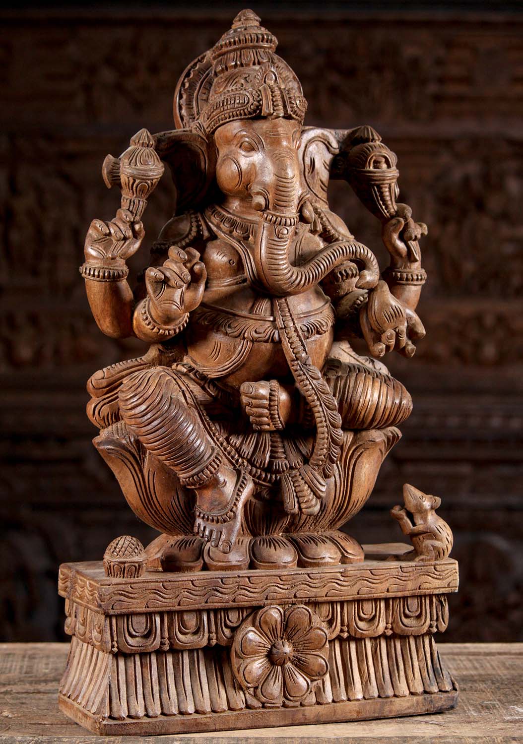 Wood Seated Ganesh Statue with Small Rat 24"