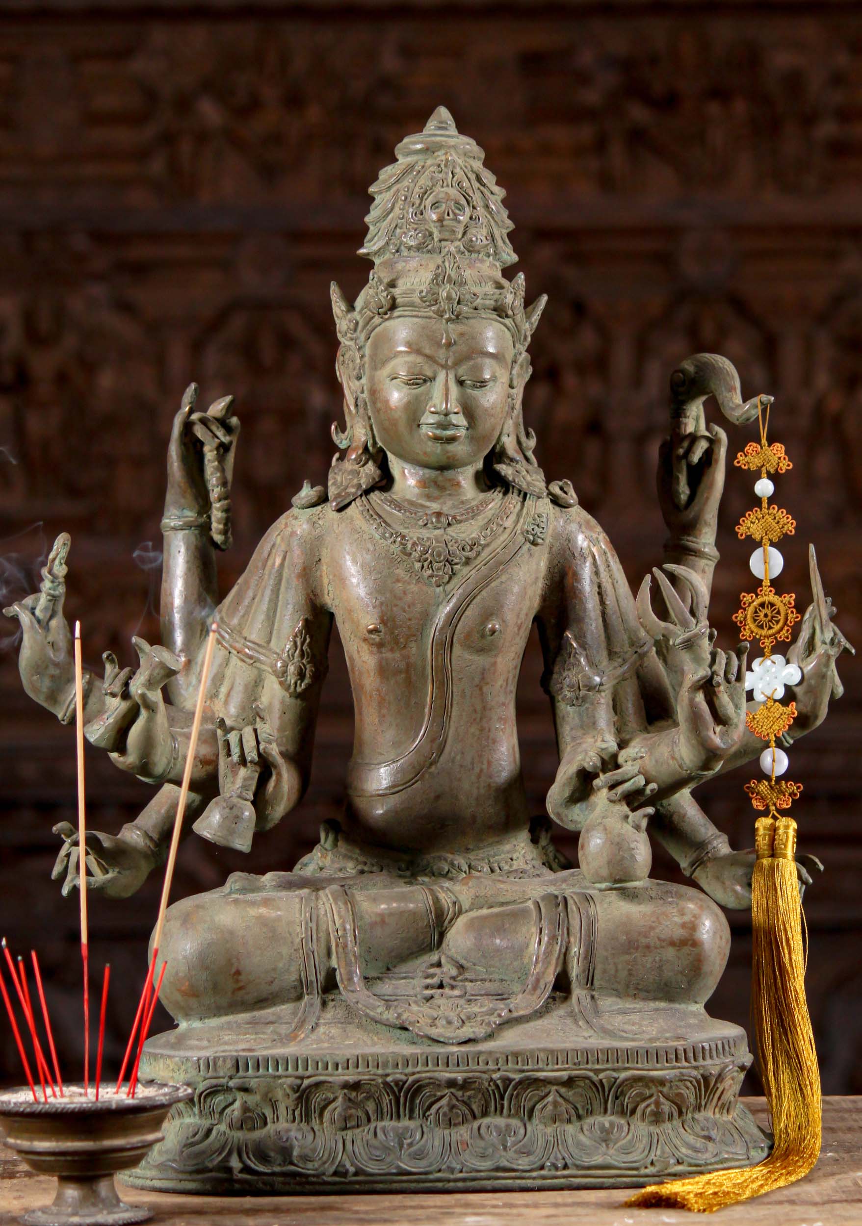 Stunning & Unique Brass Shiva Statue with 10 Arms Wearing Headdress with Skull 21"