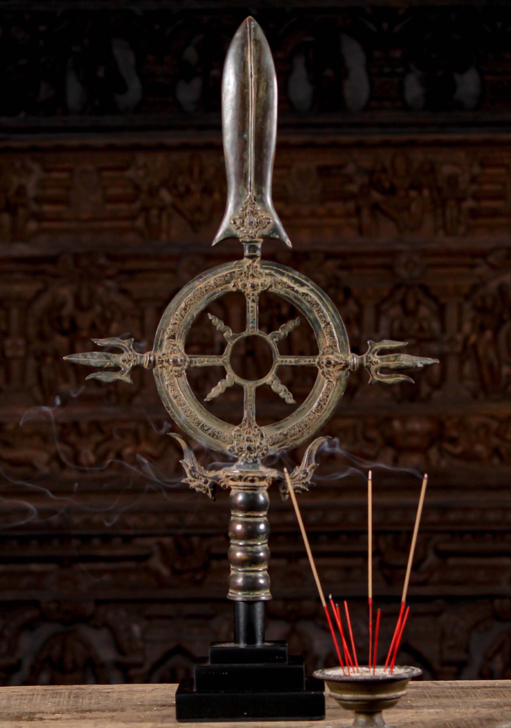 Vishnu's Chakra Sculpture with Tridents and Sword Hindu Statue on Wooden Base 28"