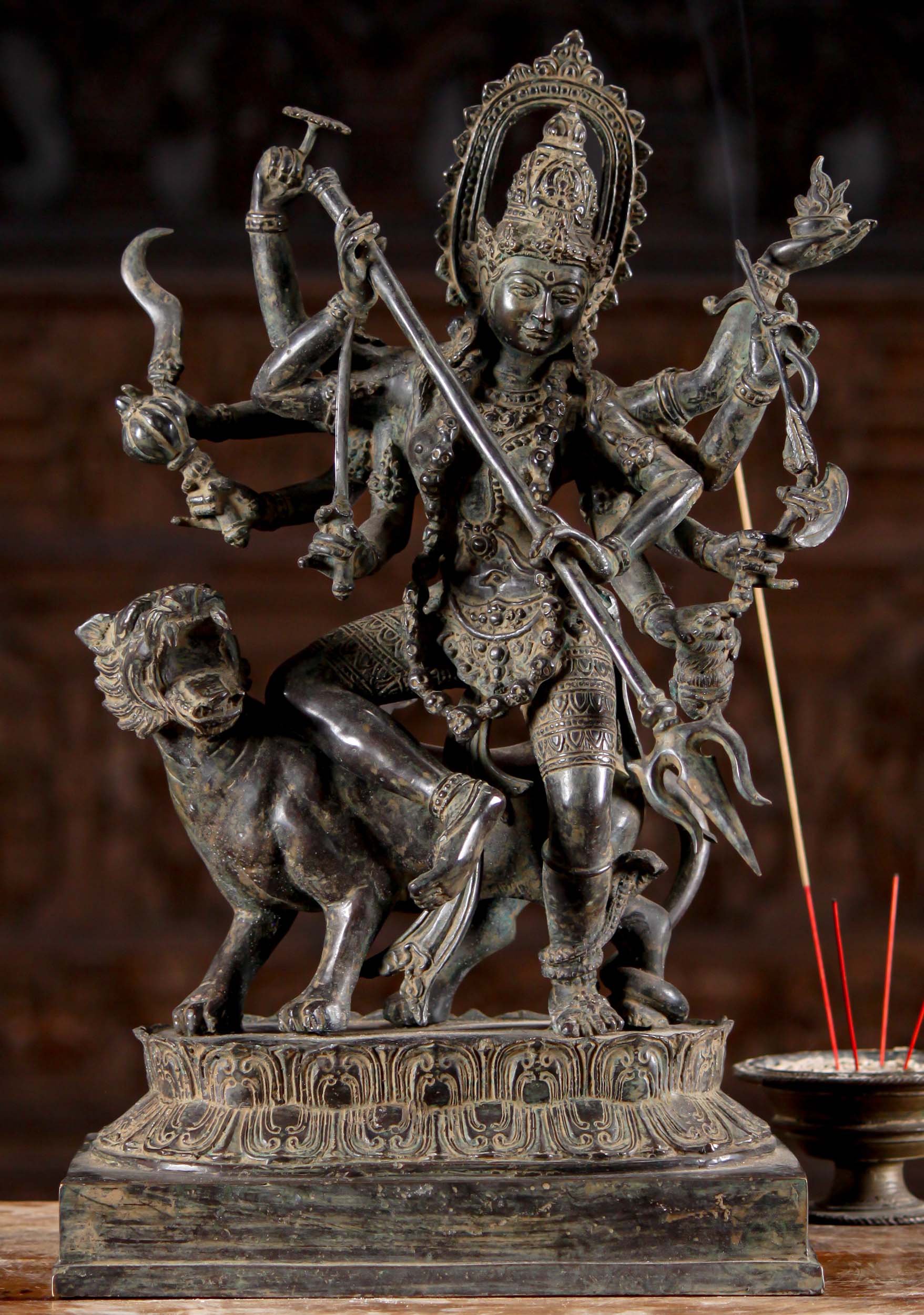 Brass Statue of Hindu Goddess Durga with 10 Arms Dancing with Her Vahana, The Lion 18"