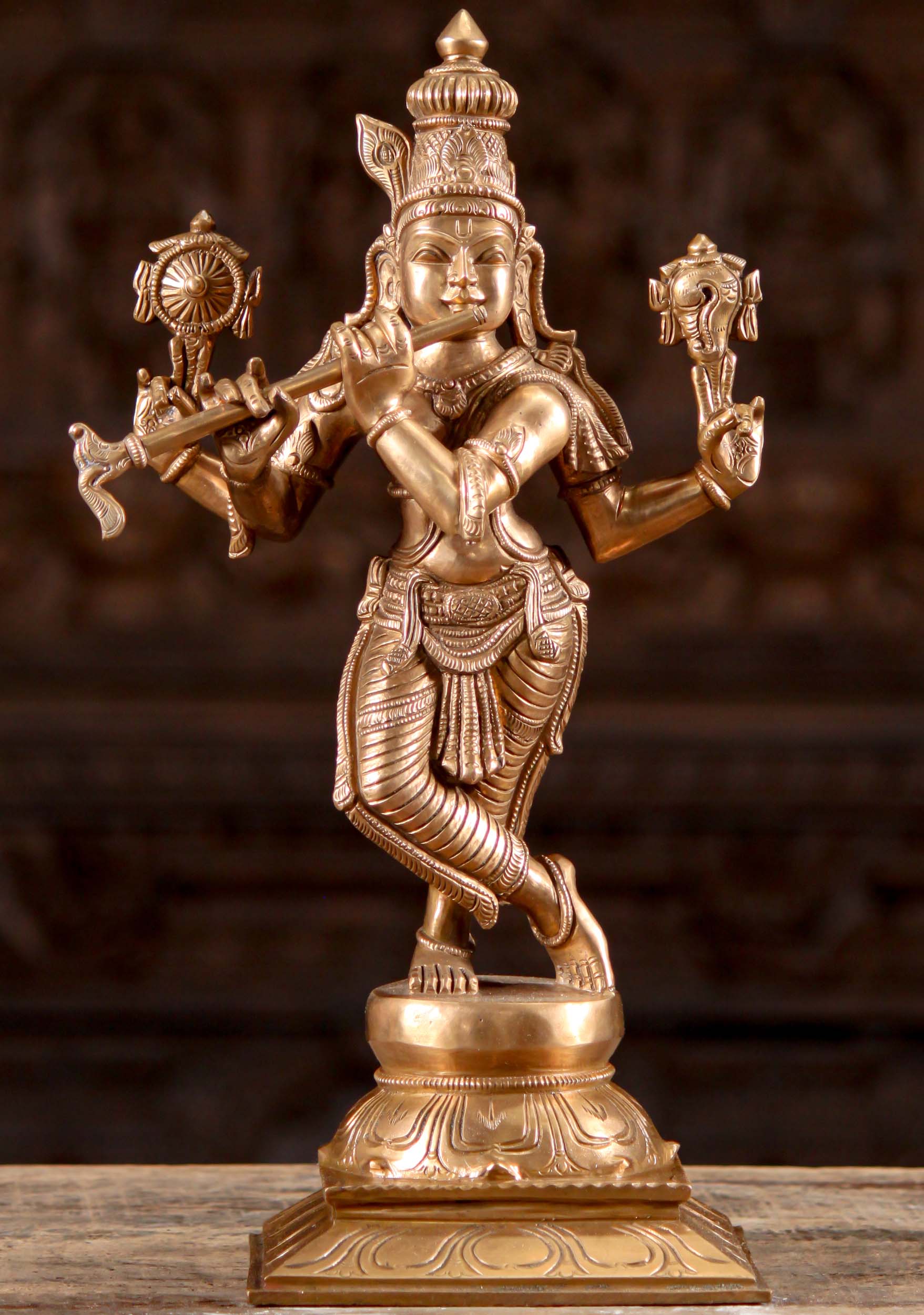 Polished Golden Bronze Venugopal Statue the Synthesis of Krishna & Vishnu in 1 Form 17"