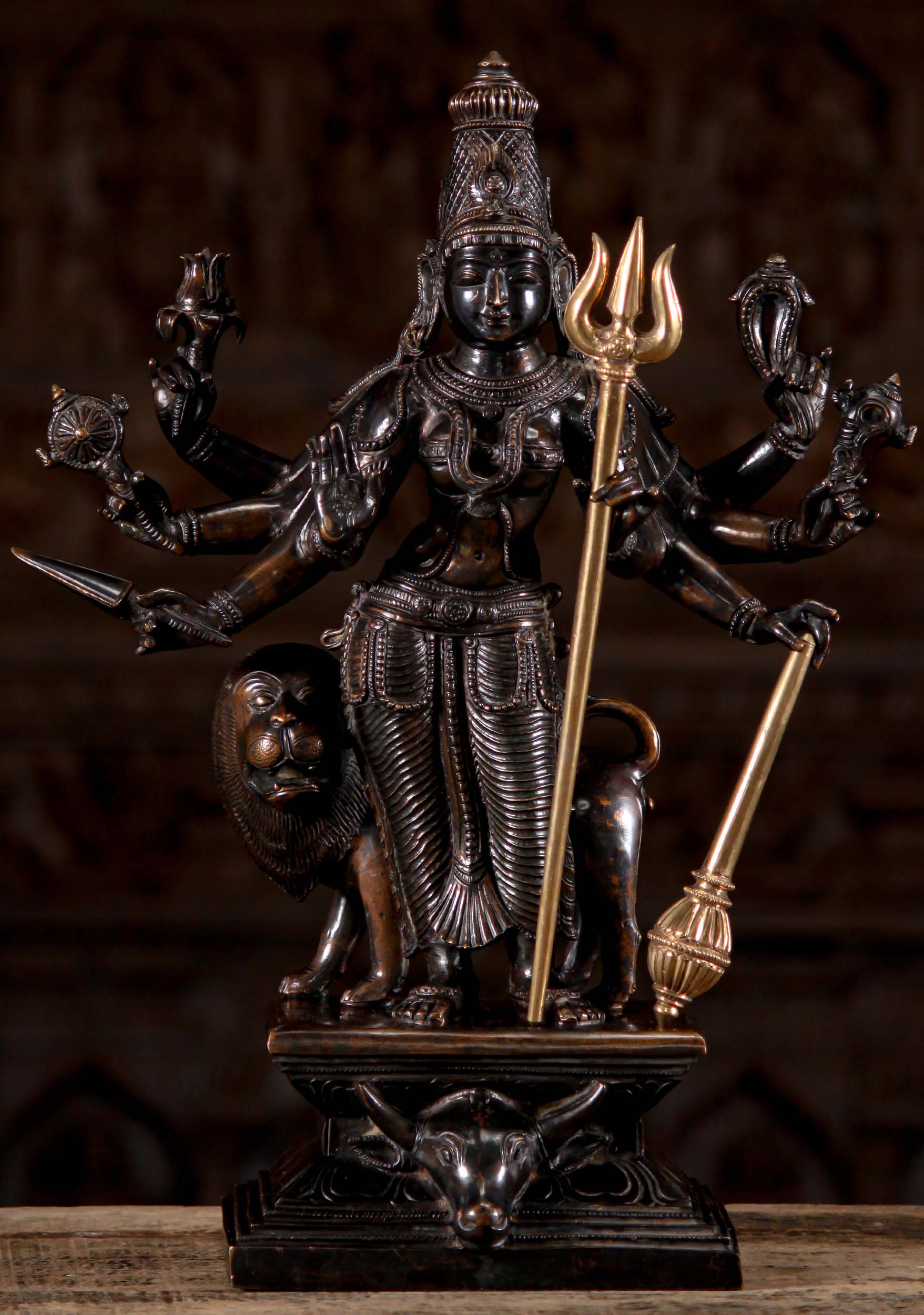Bronze Standing Durga Statue with Lion with 8 Hands Holding Golden Trident and Club 19.5"