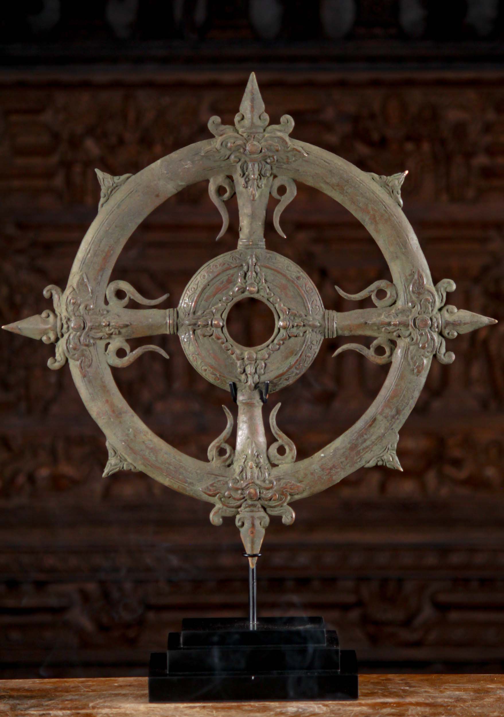 Vishnu's Chakra or Discus Known as Sudarsana or Chakratalwar Sculpture on Wood Stand 26"