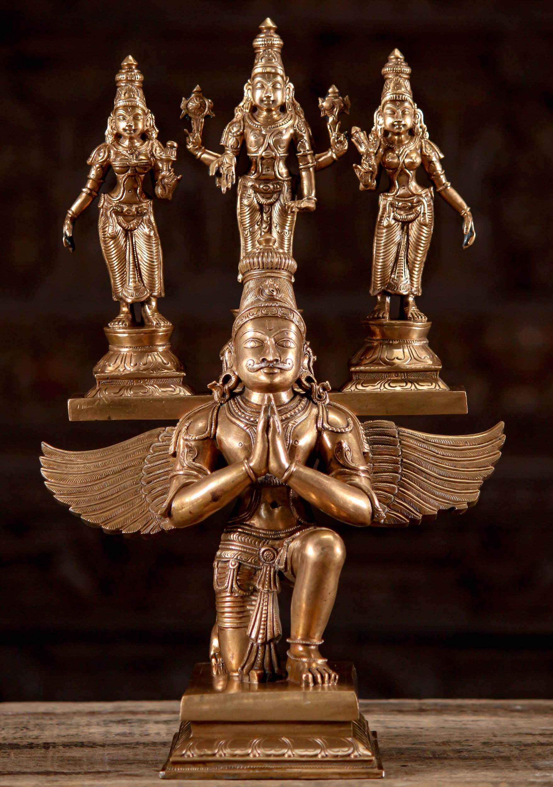Polished Bronze Statue of Garuda Kneeling with Vishnu, Shridevi, Bhudevi