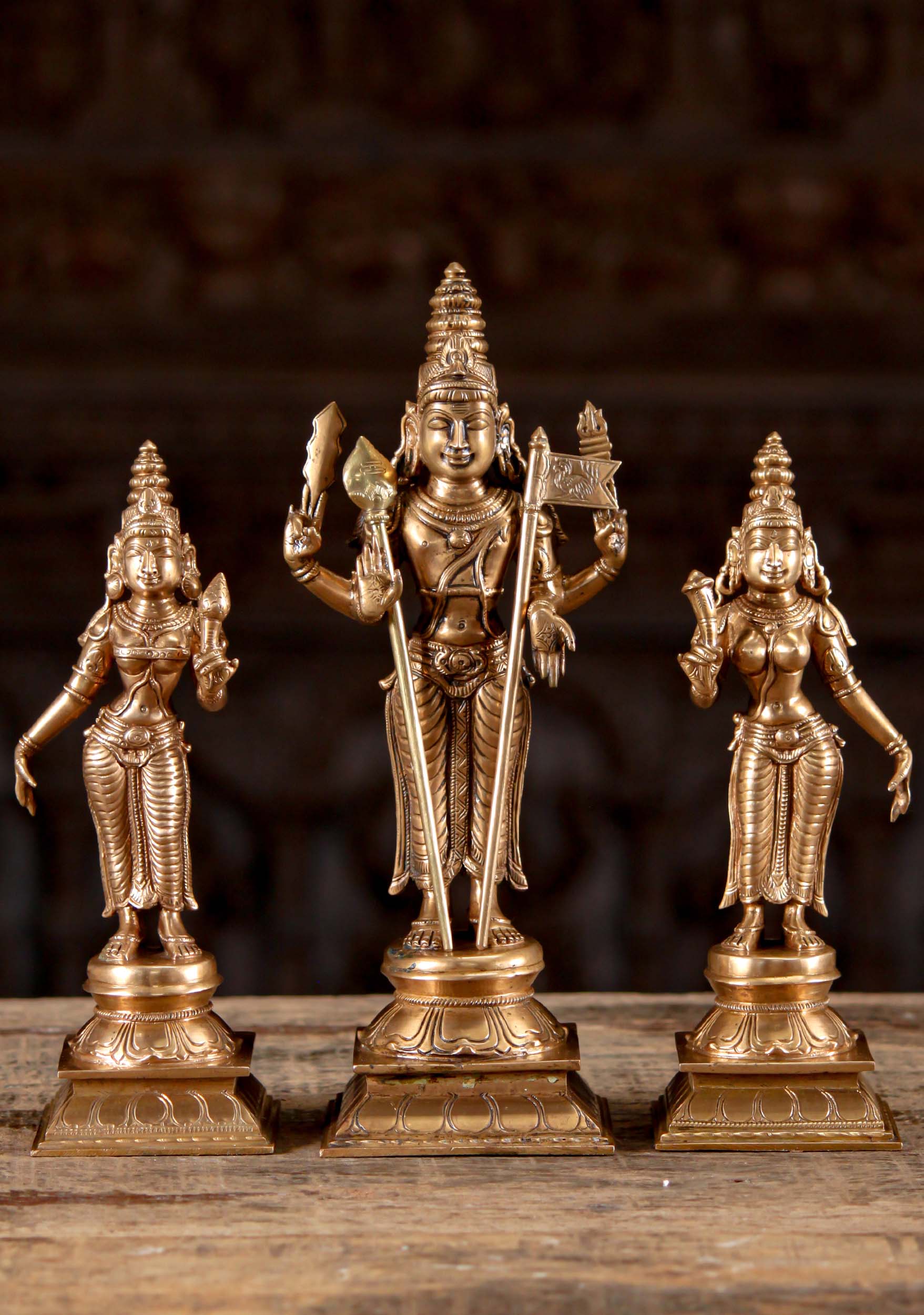Polished Bronze Hindu God Murugan Sculpture with Consorts Valli & Devasena 12"