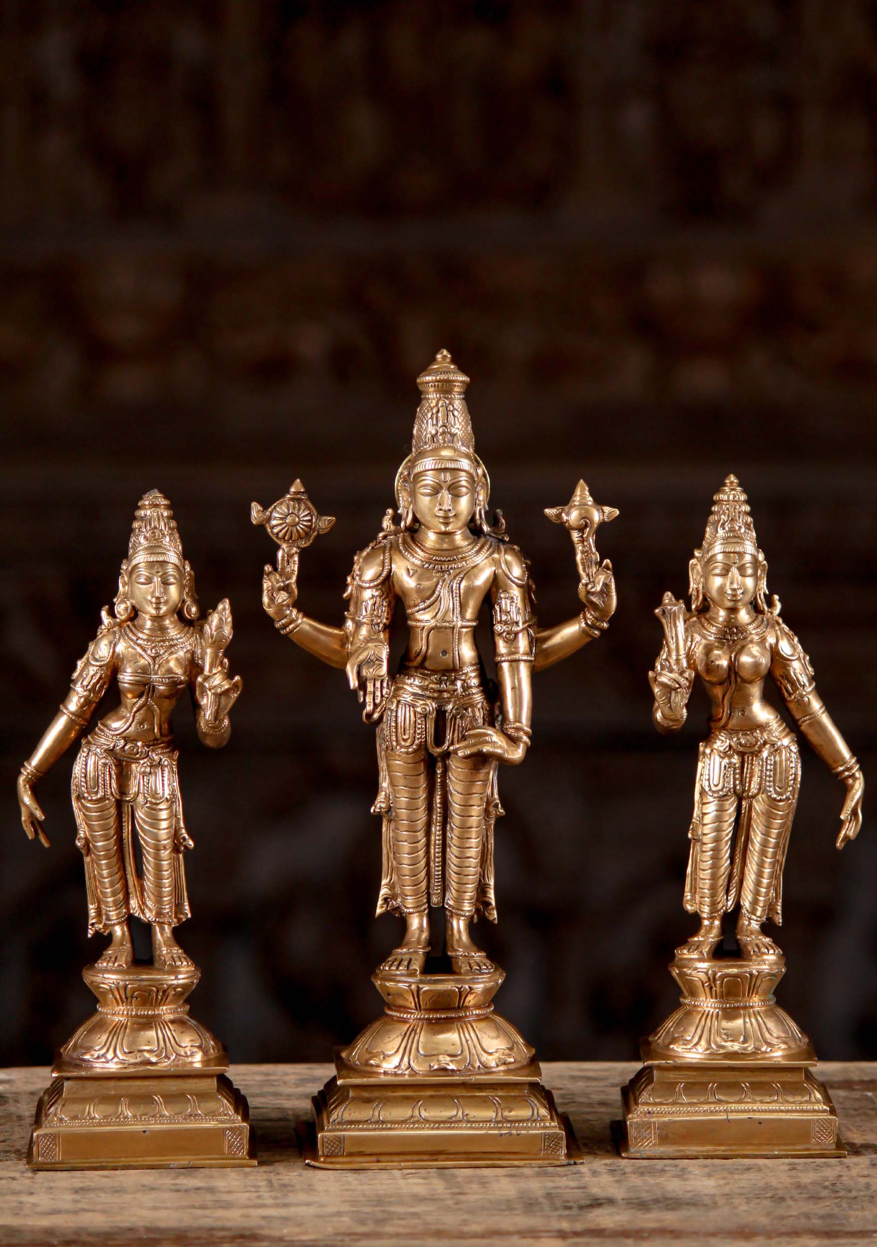 Bronze Hindu God Vishnu Sculpture with Shreedevi & Bhudevi Hand Crafted 12"