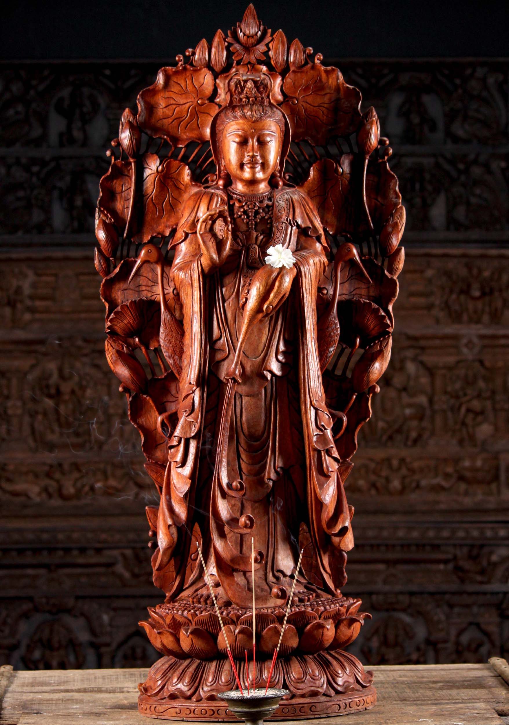Chinese Boxwood Wood Carved Stand Kwan-yin Guanyin Quan Goddess Statue 
