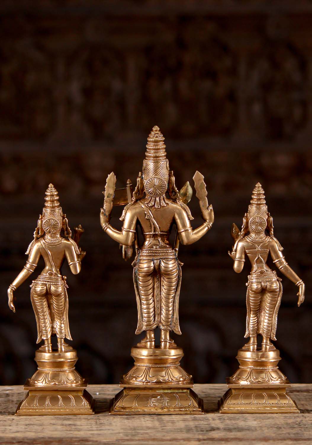 Polished Bronze Hindu God Murugan Sculpture with Consorts Valli & Devasena 12"