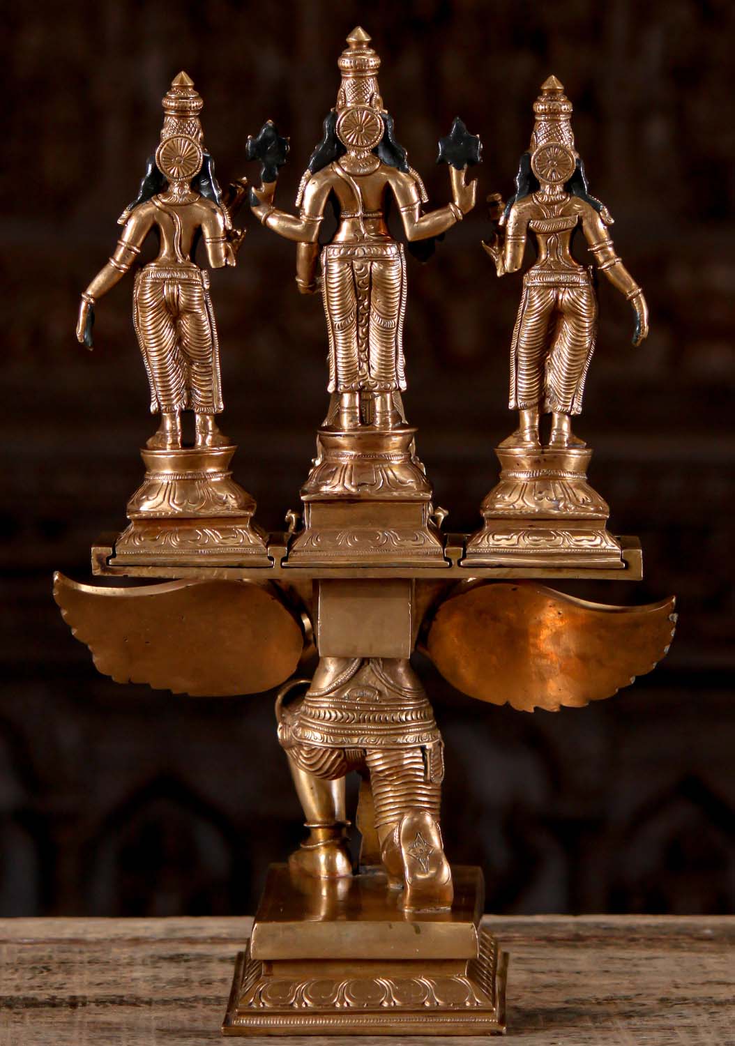 Polished Bronze Statue of Garuda Kneeling with Vishnu, Shridevi, Bhudevi