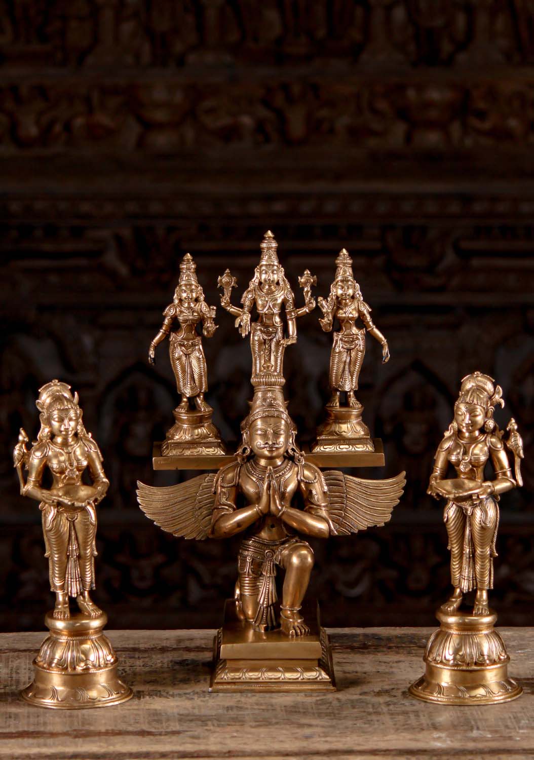 Polished Bronze Statue of Garuda Kneeling with Vishnu, Shridevi, Bhudevi