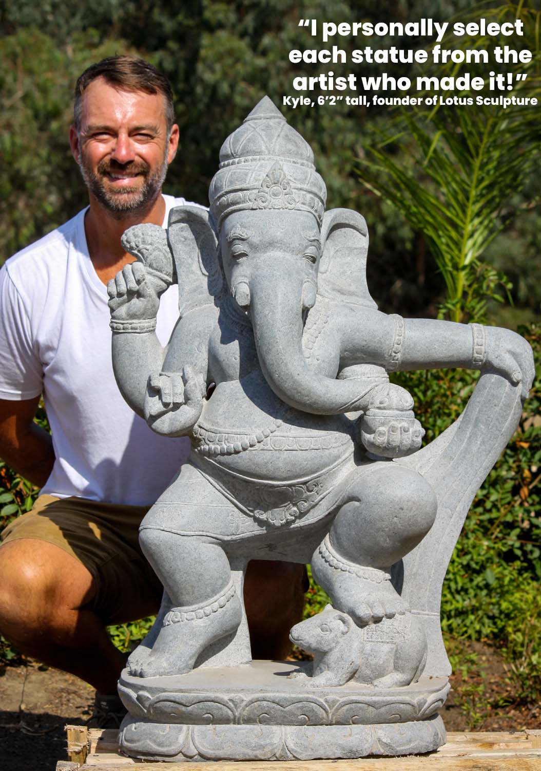 Large Stone Ganesh Dancing with Rat on Lotus Base Hand Carved Outdoor Garden Statue 40"