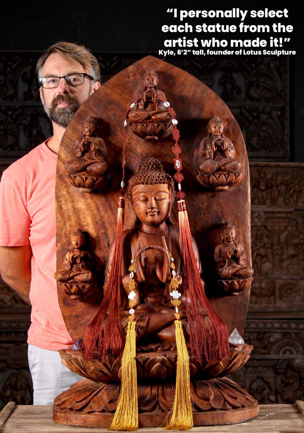 Wooden Statue of Lord Buddha Surrounded by 5 Smaller Buddhas All in Uttarabodhi Mudra 41"