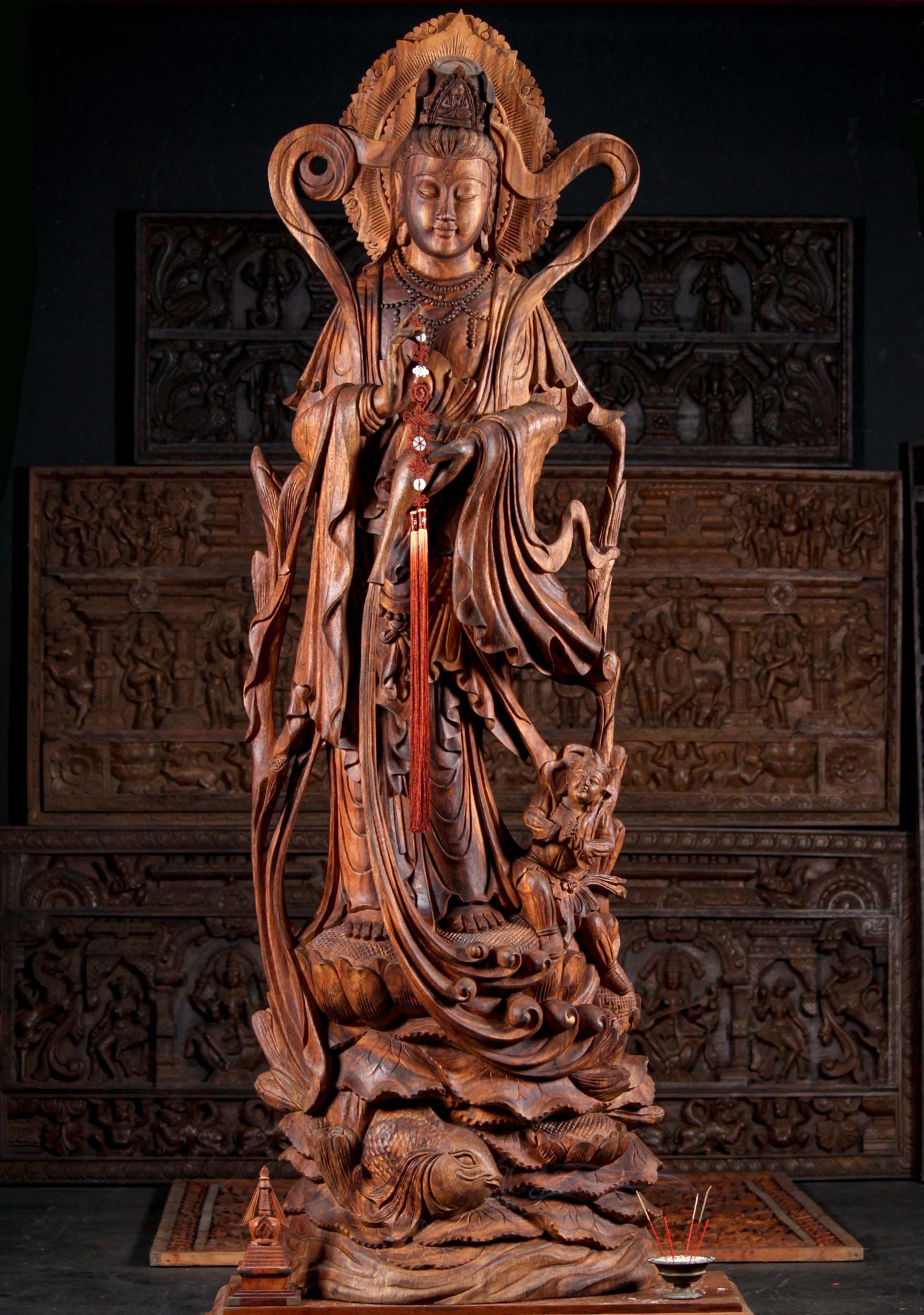 Hand Carved Wood Kwan Yin Standing on a Lotus Flower with Her Child Alcolytes 80"