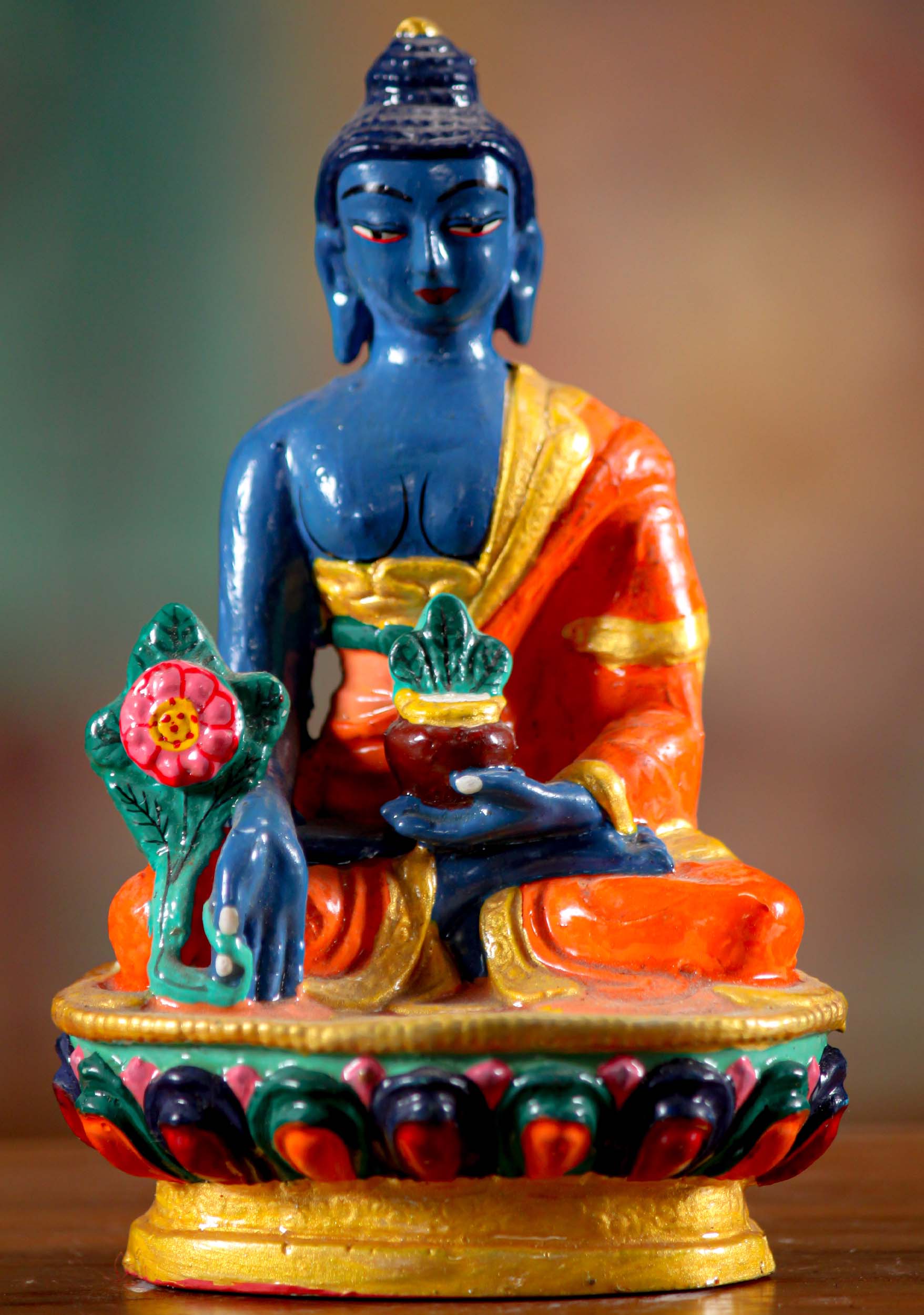 Small Resin Painted Earth Touching Medicine Buddha Statue Seated on Lotus Base 4.5"