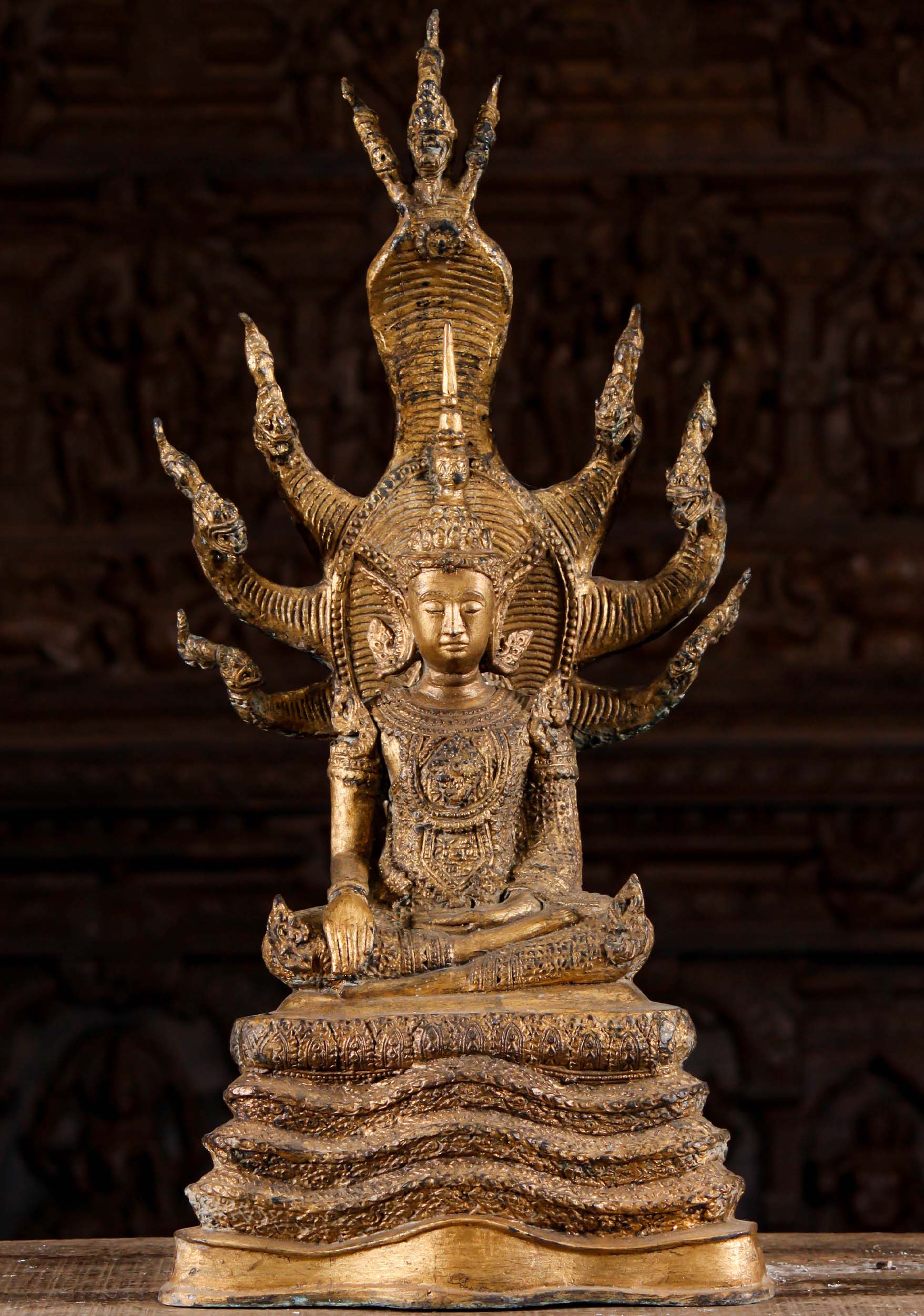 Brass Buddha Statue Beneath Naga King, Muchalinda Moments Before Enlightenment 27"