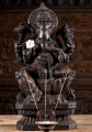 Seated Hand Carved Wooden Ganesha Sculpture Holding His Tusk on a Lotus Base Statue 24"