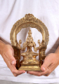 Polished Bronze Seated Lakshmi Statue Under Arch with Lotus Flowers Hindu Goddess 10"