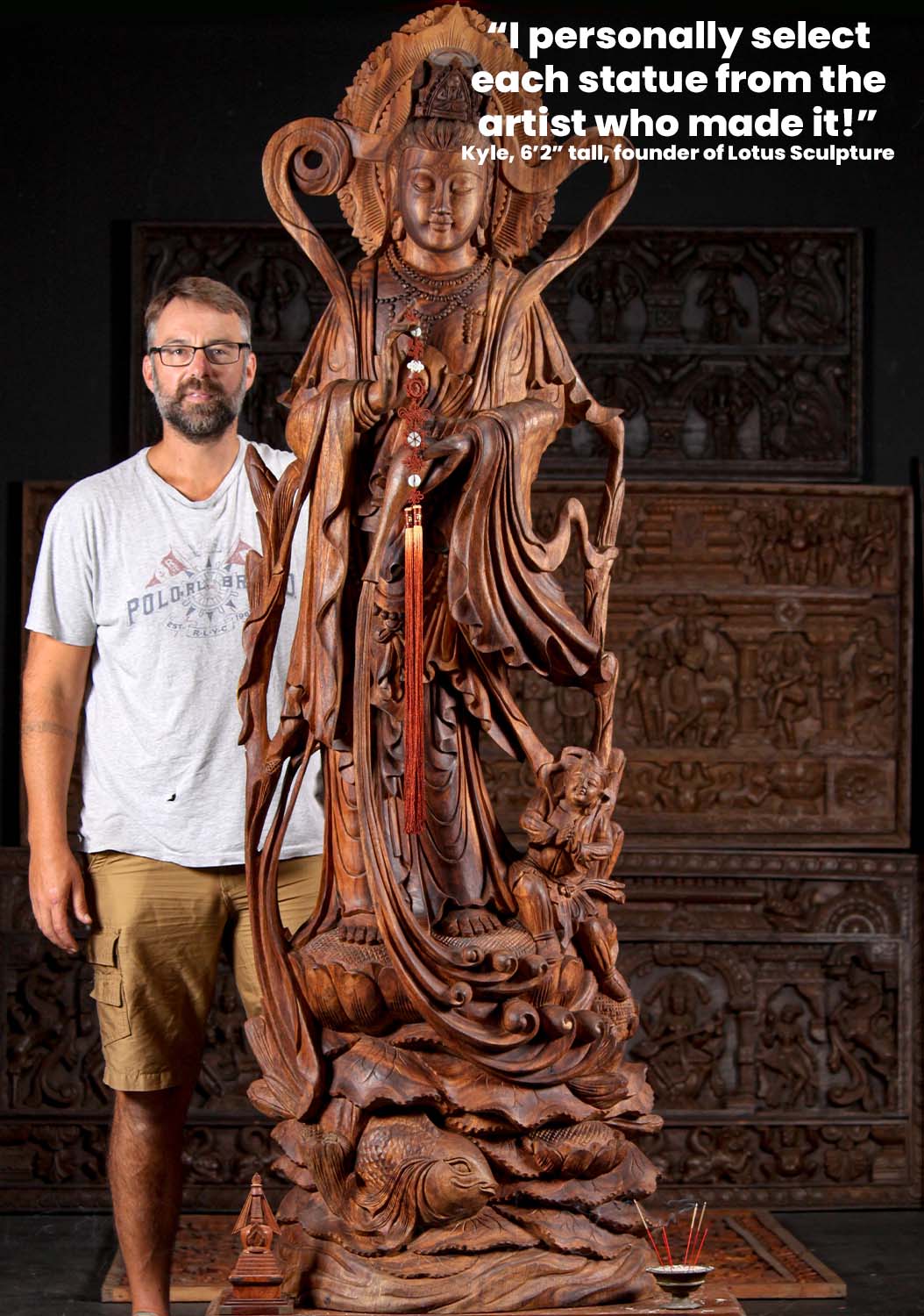 Hand Carved Wood Kwan Yin Standing on a Lotus Flower with Her Child Alcolytes 80"