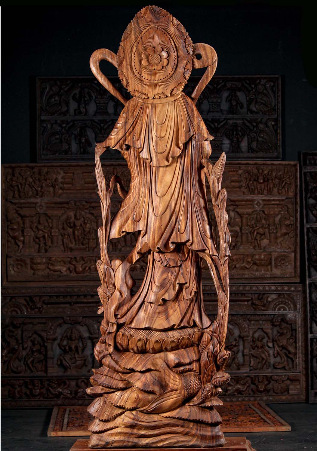 Hand Carved Wood Kwan Yin Standing on a Lotus Flower with Her Child Alcolytes 80"