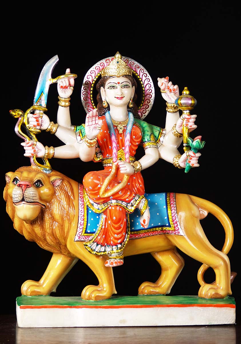 Marble Durga Statue with 10 Arms & Lion 22"