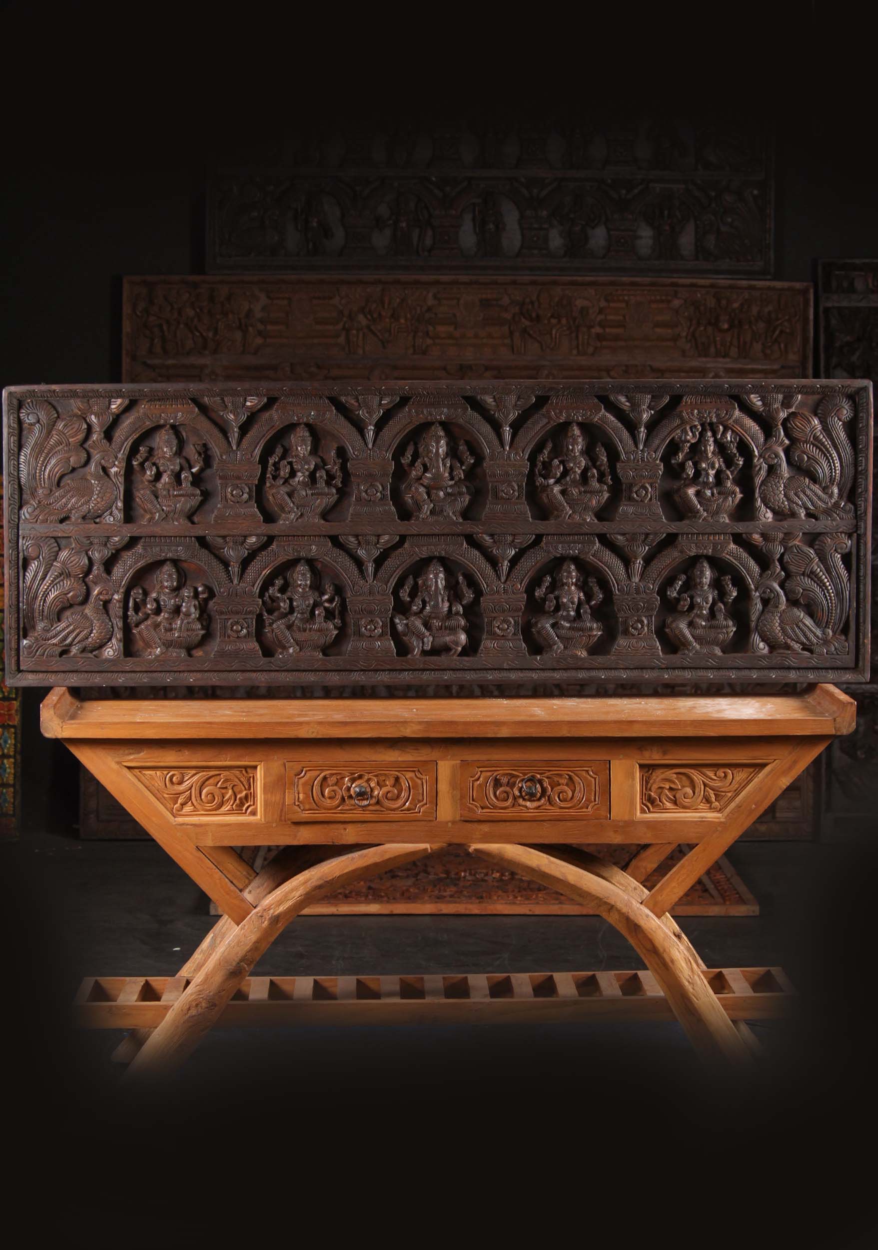 Awesome Hand Carved Wood 8 Ashta Lakshmi Wall Panel with 2 Ganesh and 4 Peacocks 73"x25"
