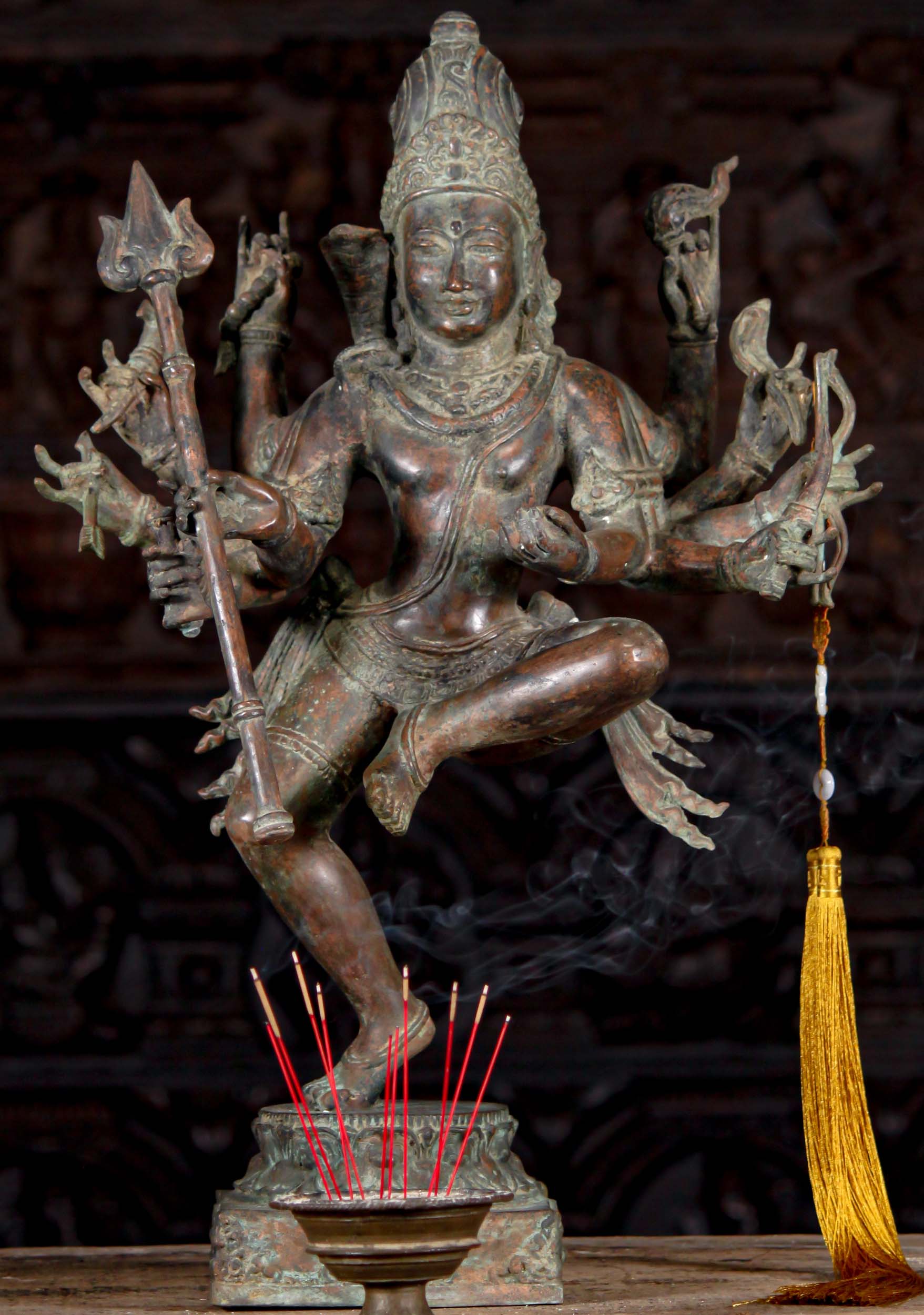 Sold Brass Dancing Shiva Statue With 10 Arms Holding A Trident With Rich Antique Green Patina 24