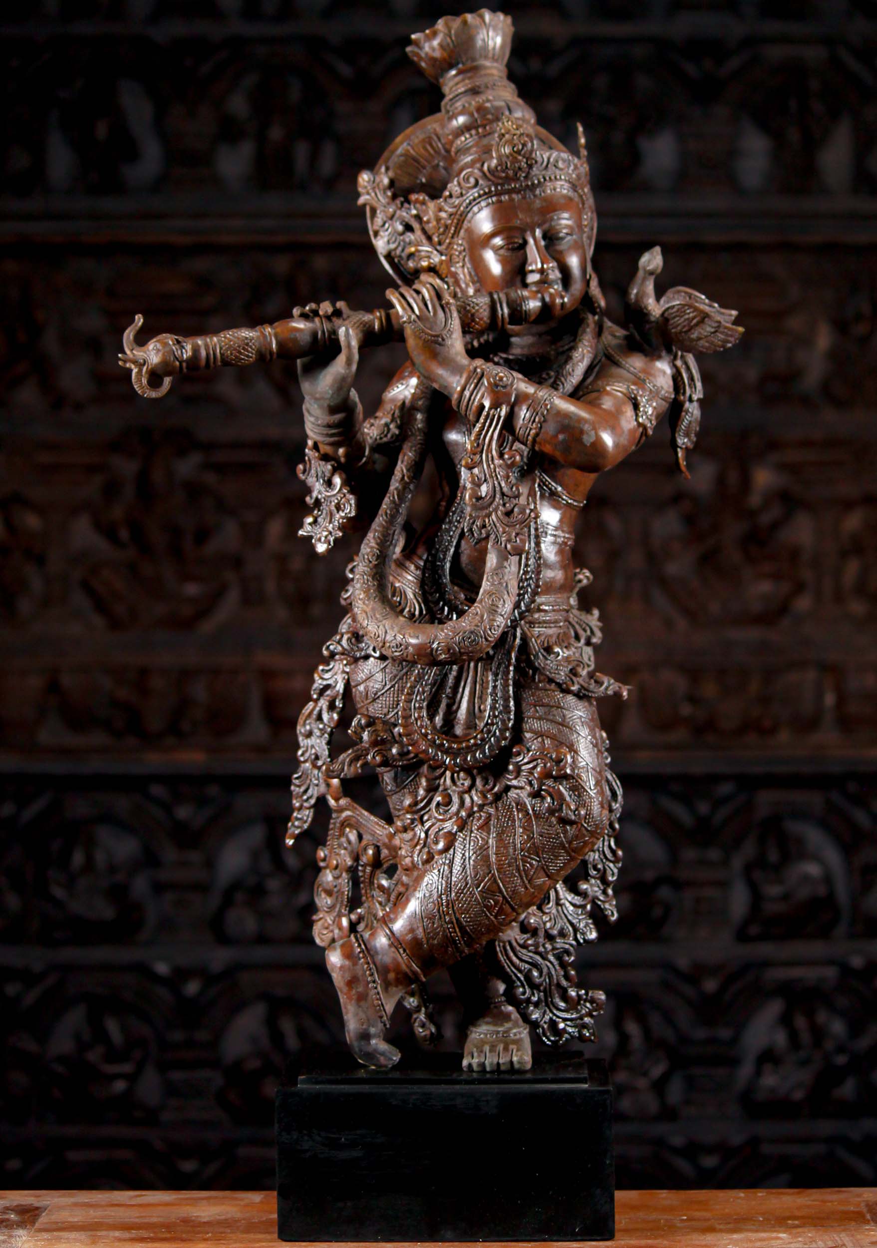 Brass Standing Gopal Krishna Statue Playing the Flute with Black Wooden Base 33"