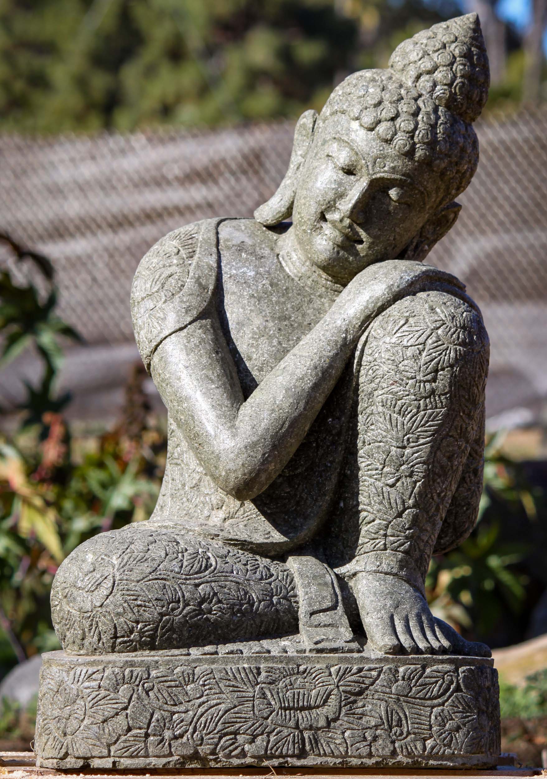 Lava Stone Buddha Resting in Full Robes Outdoor Statue for Garden on Lotus Base 31"