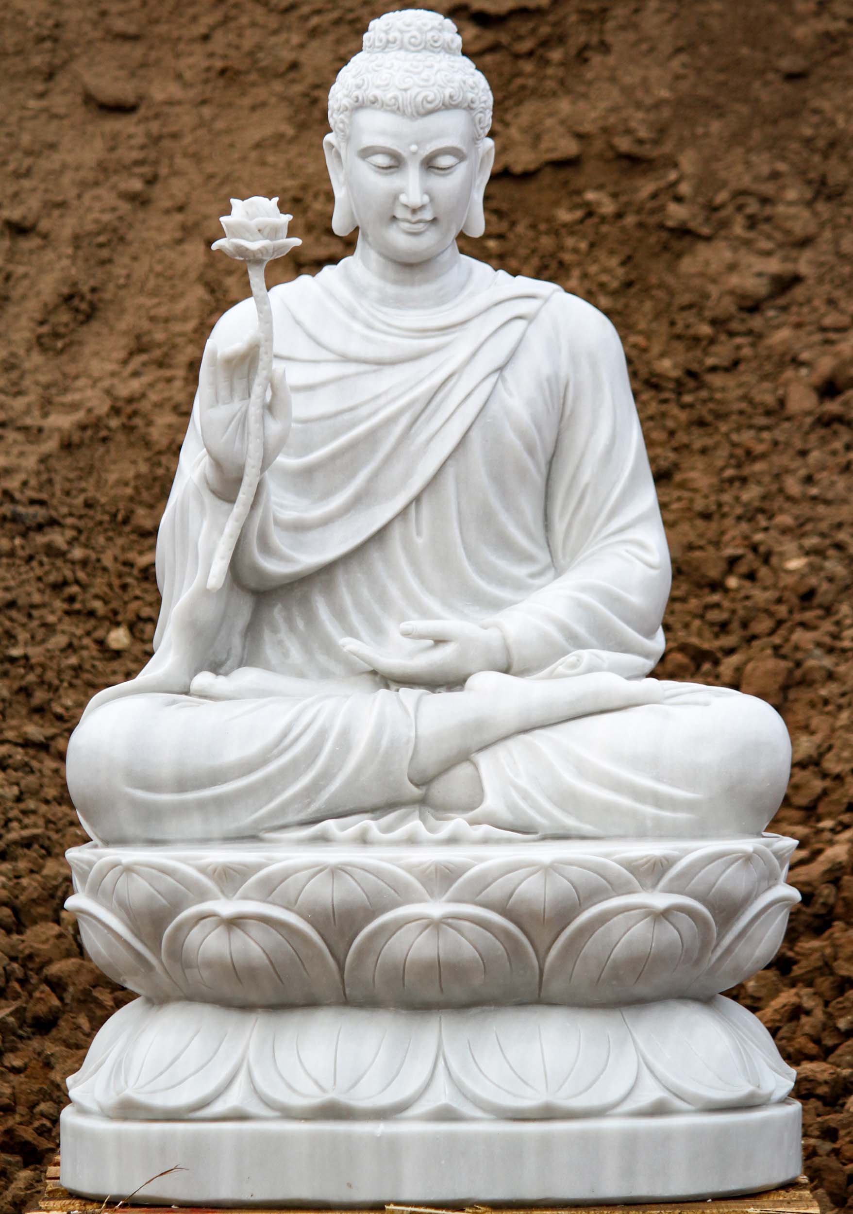 Marble Padmasana Buddha Statue Holding Lotus Flower Hand Carved Sculpture 48"