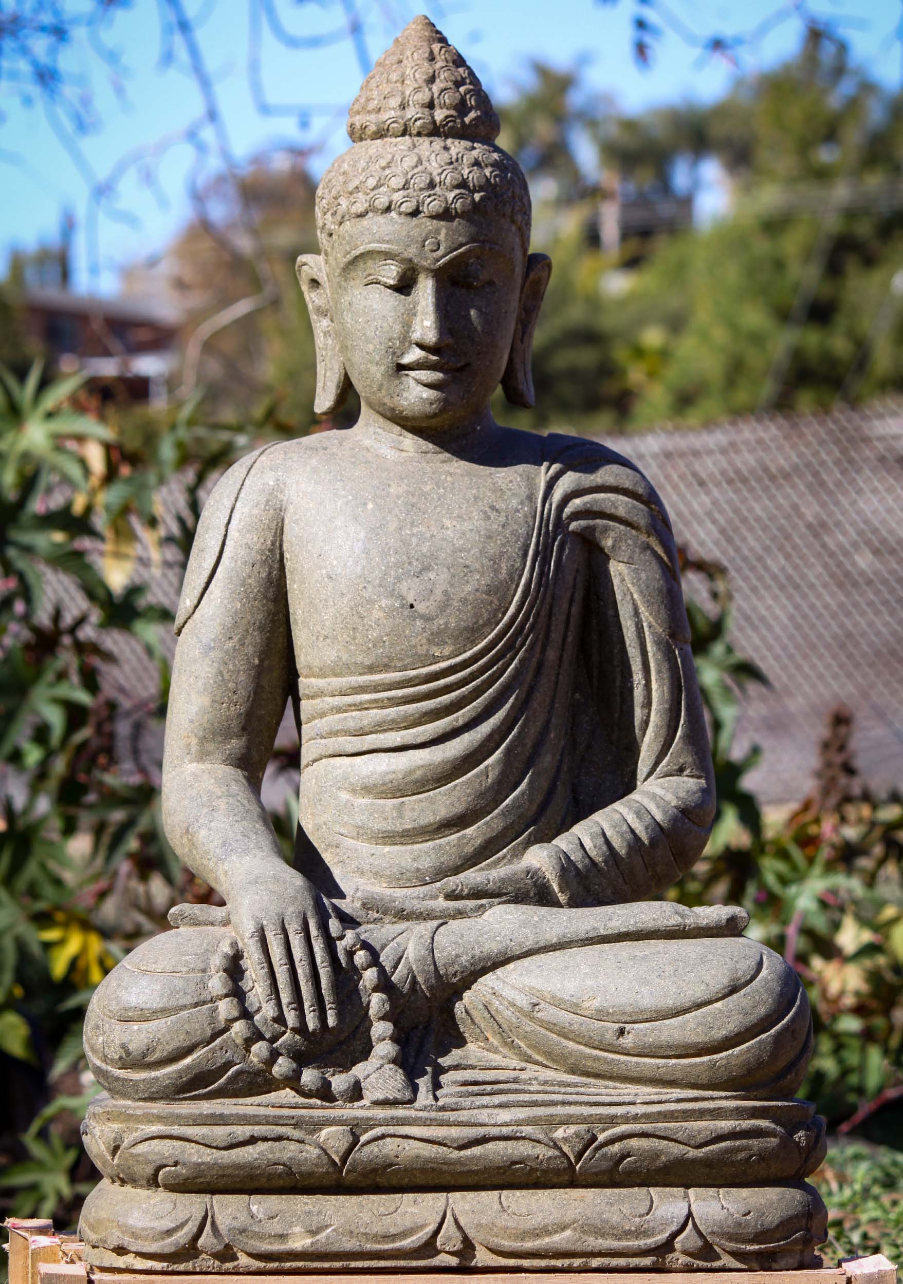 SOLD Lava Stone Seated Buddha Garden Sculpture in Bhumisparsha Mudra ...