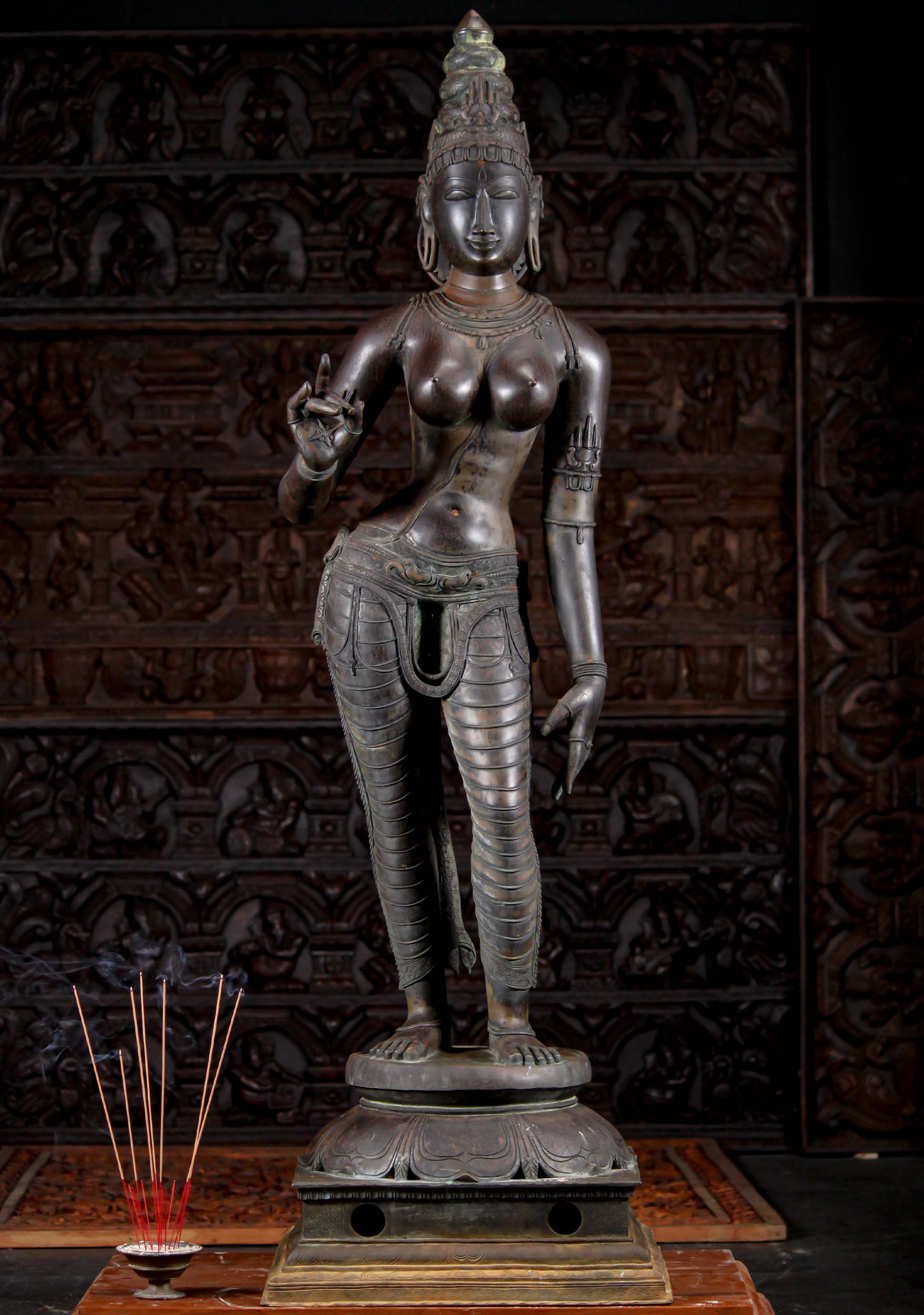 Antique Early 20th Century Lost Wax South Indian Dark Bronze Parvati as Shivakami Murti 63"