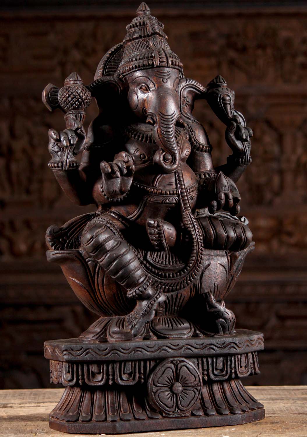 Wood Hand Carved Seated Ganesha Statue With Mooshika and Tusk on Lotus Base 24"