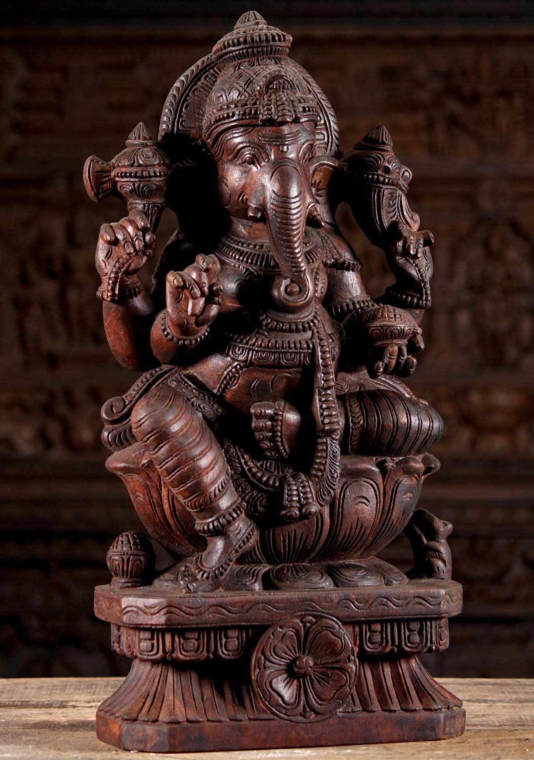 Hand Carved Wooden Seated Ganesha Statue With Mooshika on Lotus Base 24"