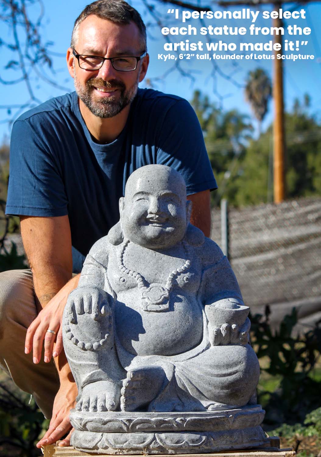 Stone Seated Fat & Happy Garden Buddha of Wealth Sculpture With Mala Beads & Ingot 24"