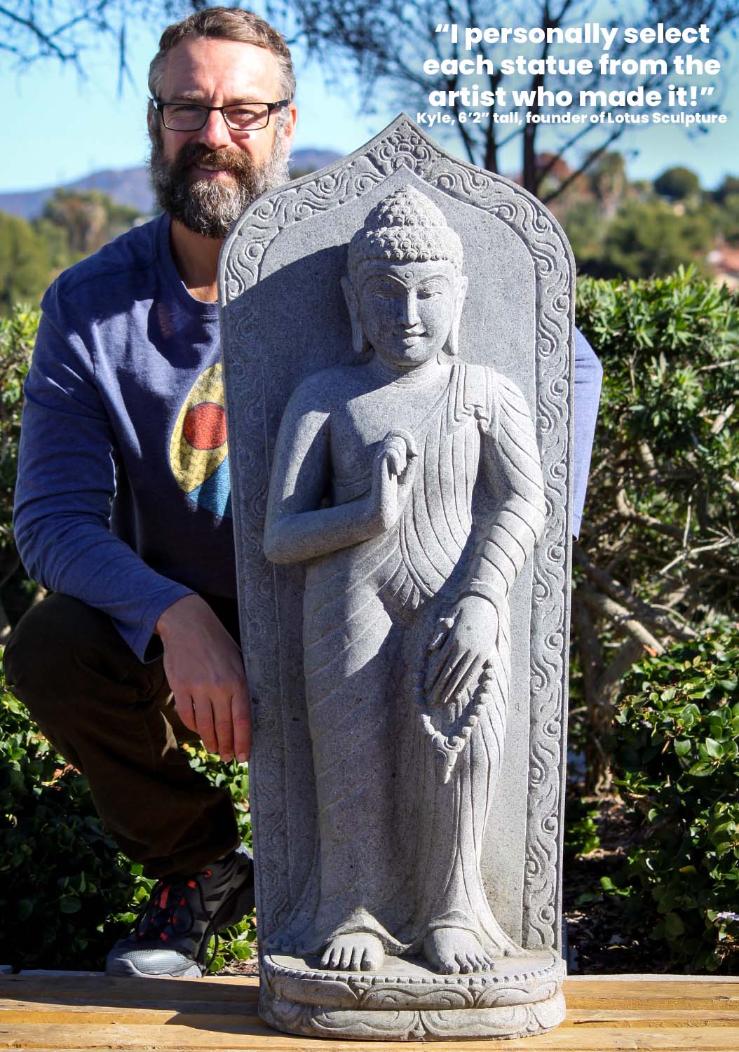 Stone Standing Gupta Outdoor Buddha Holding Malas with Large Chakra Surrounding His Body 42"