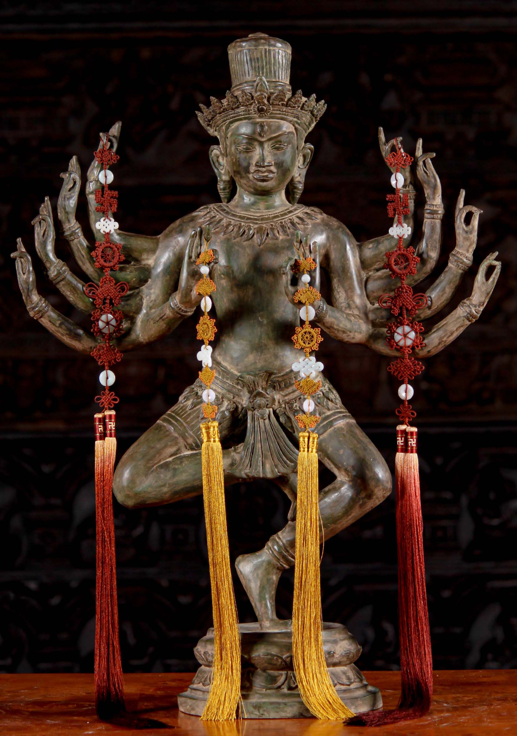 Brass Dancing Cambodian Style Antique Green Patina Shiva Statue on Lotus Base 31"