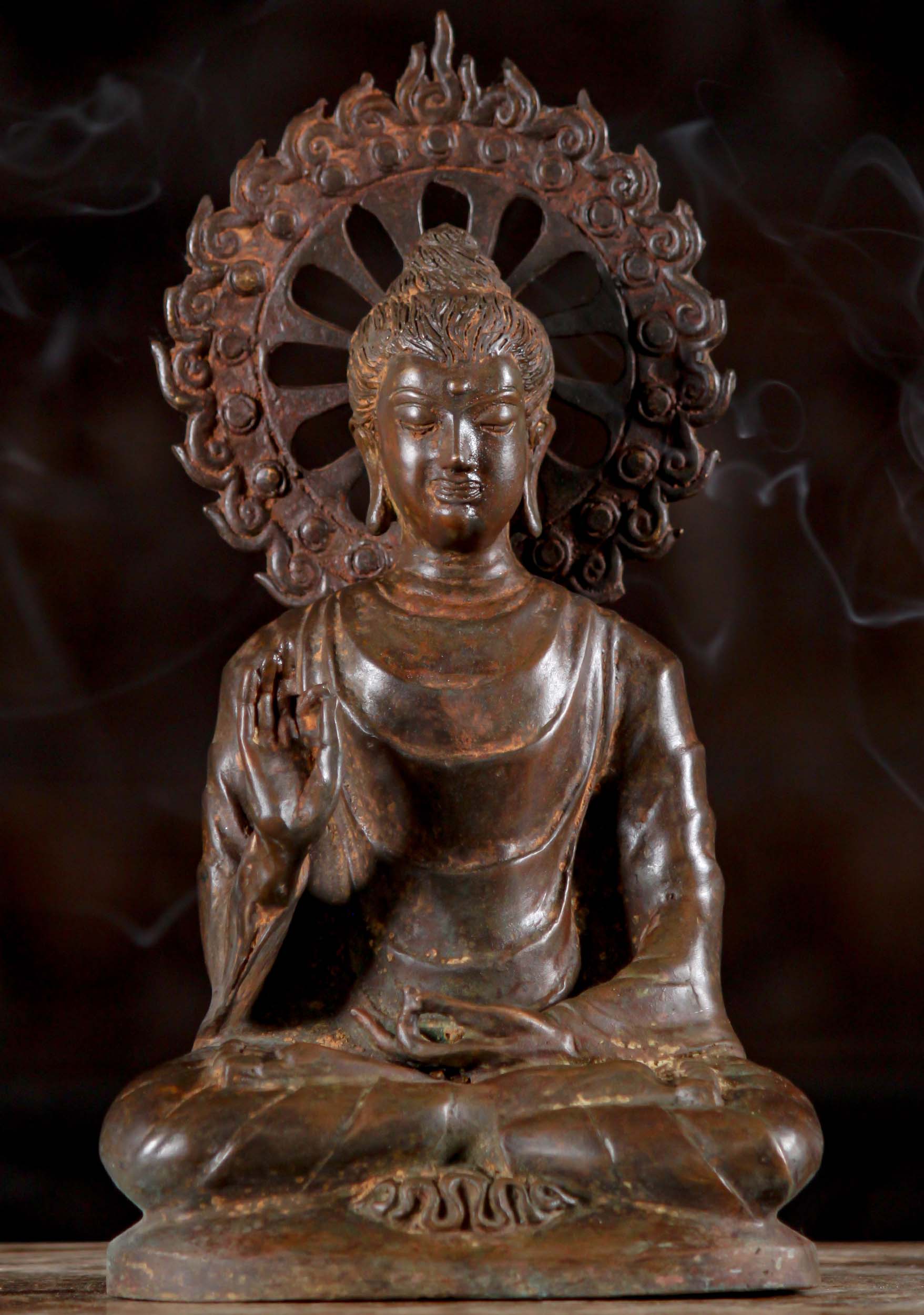 Brass Antique Copper Patina Gandharan Style Buddha Statue with Flaming  Chakra 12