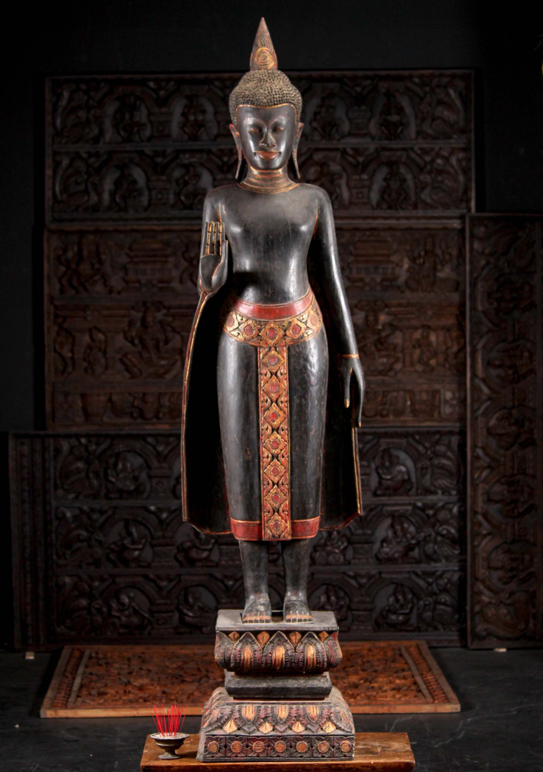 Wooden Abhaya Mudra Standing Black Painted Khmer Cambodian Buddha Sculpture 79"