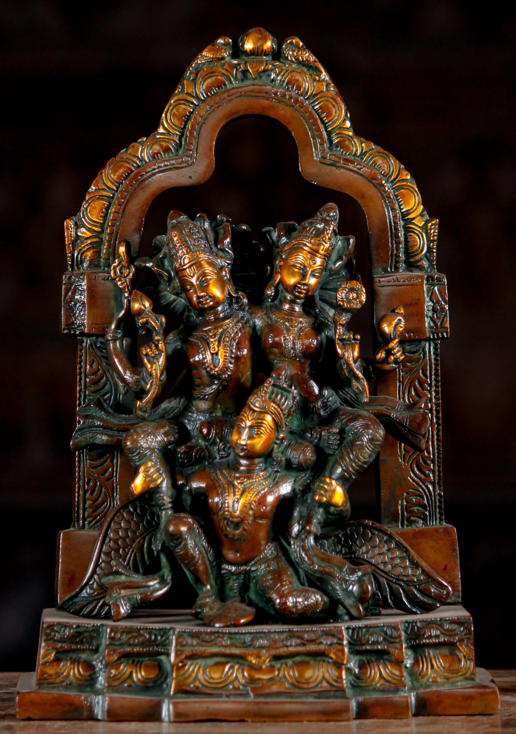 Brass Statue of the Hindu Gods Vishnu & Lakshmi Riding on the Back of the Eagle Garuda 12"