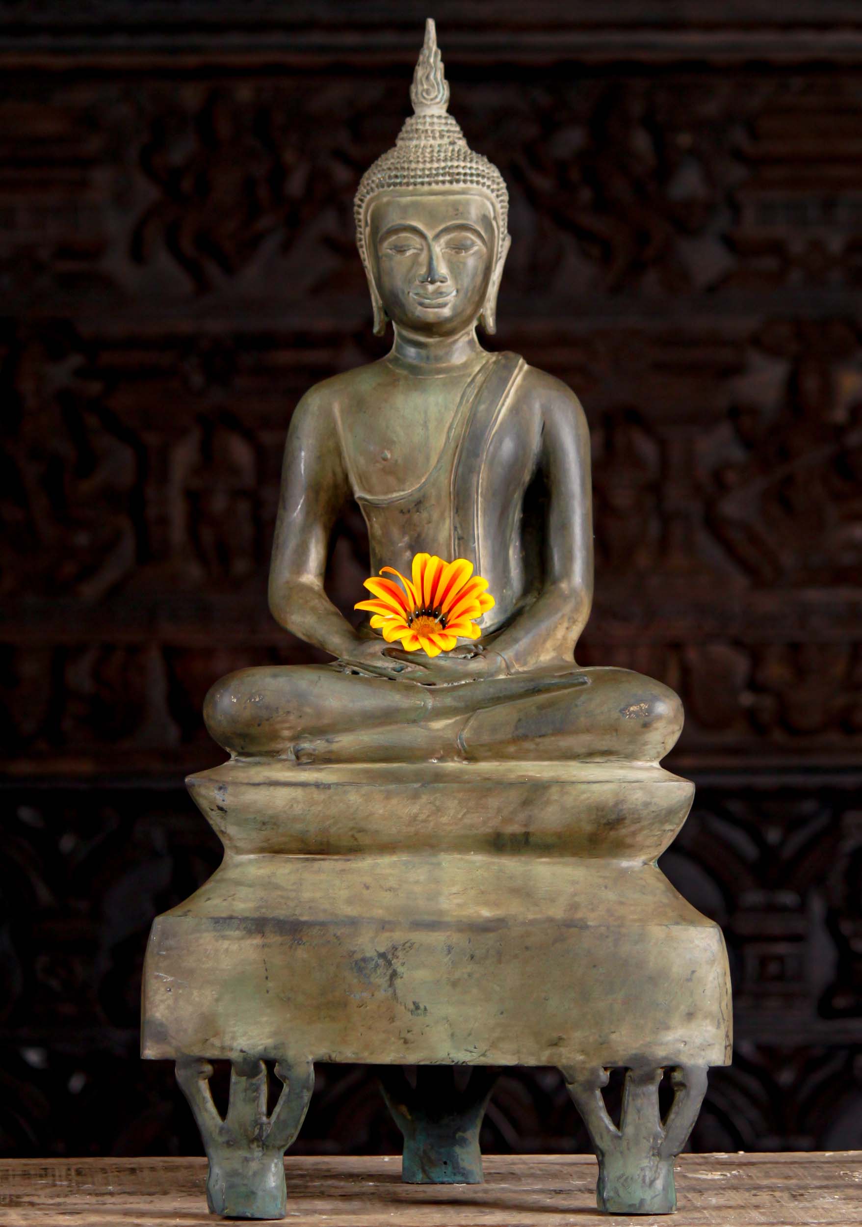 Sukhothai Thai Brass Buddha Statue with Beautiful Patina Seated in Dhyana Mudra of Meditation 29"
