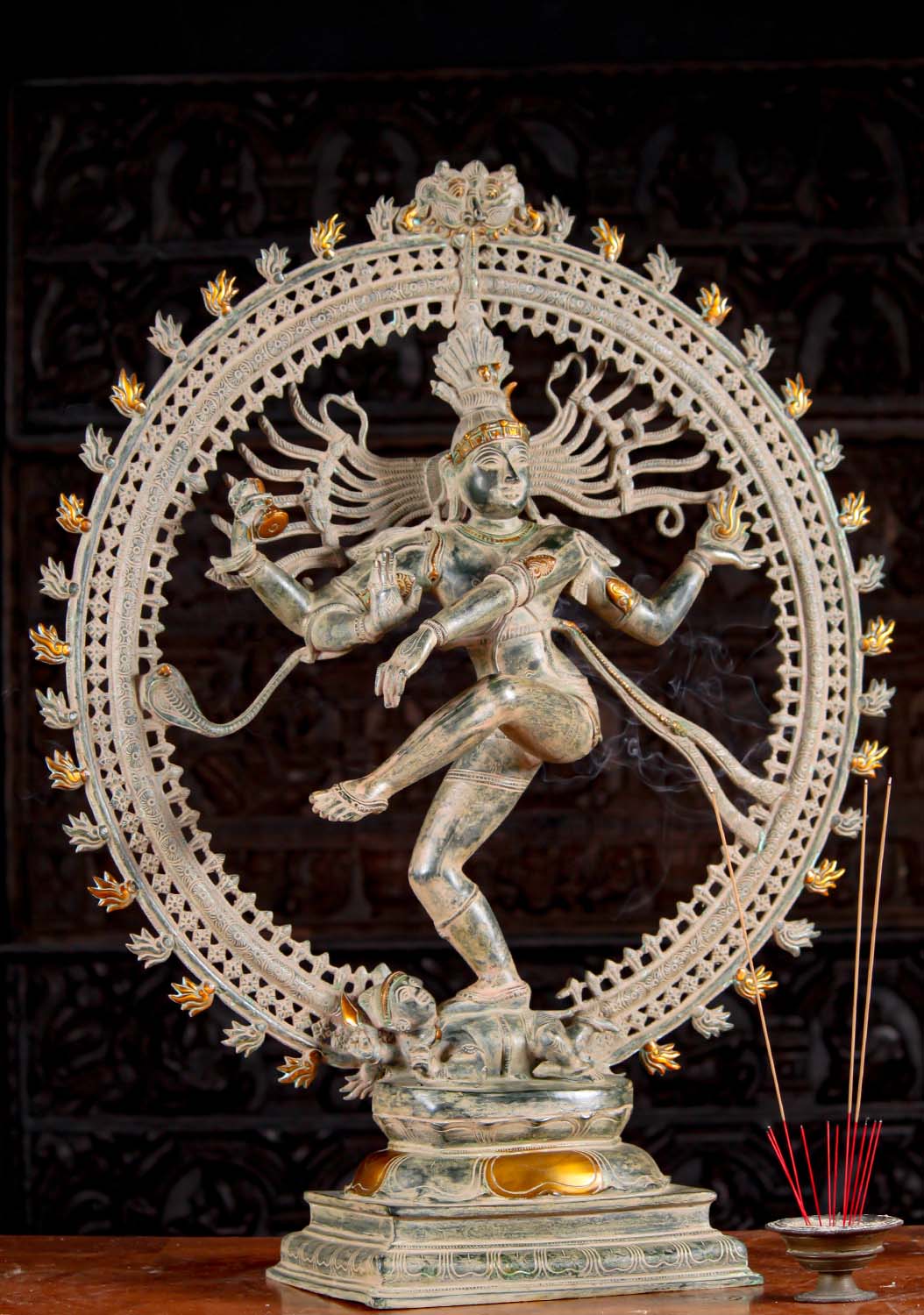 Brass Mystical Shiva as Lord of Dance, Nataraja Statue with Unique Triple Layered Arch 37"