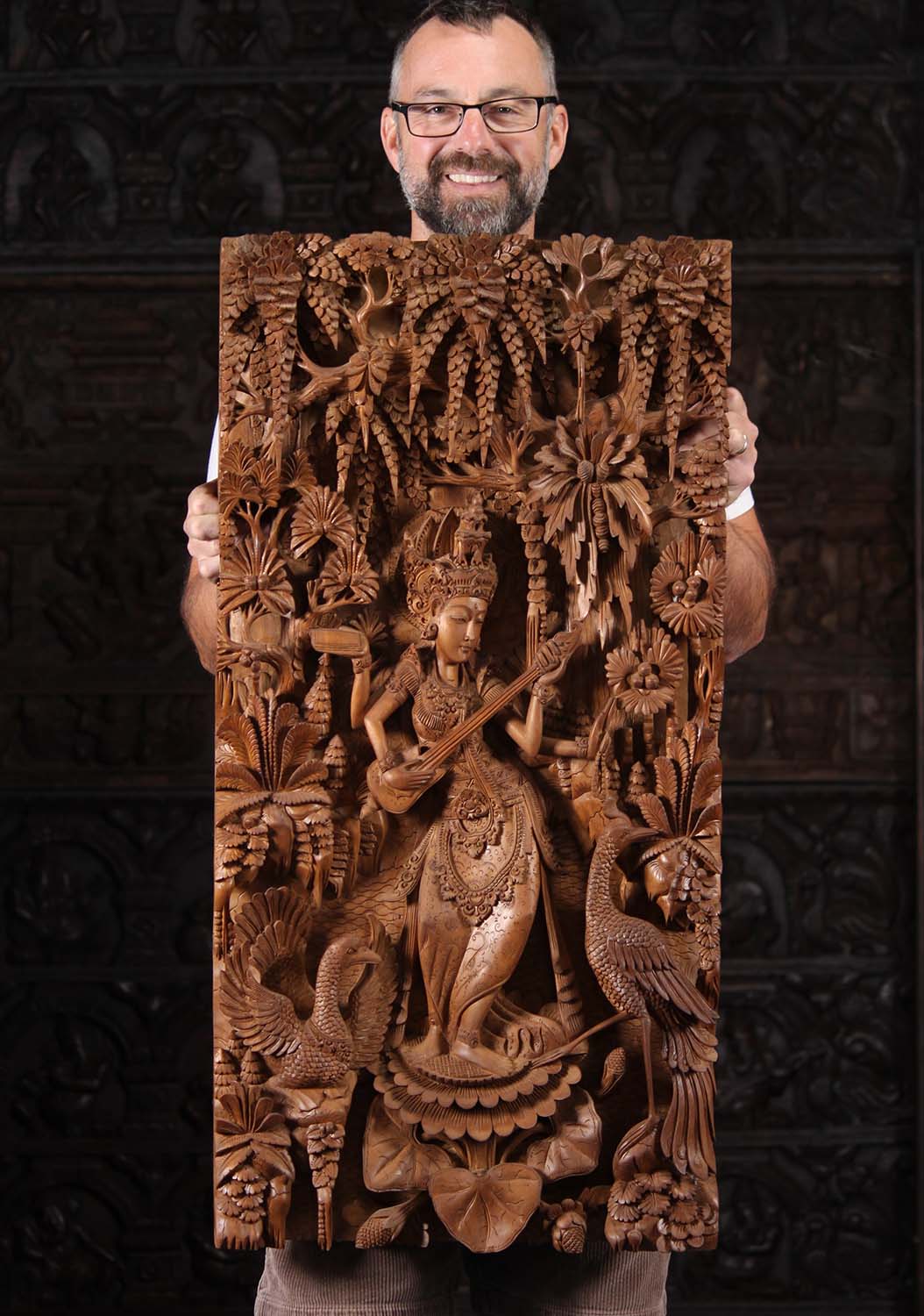 Beautifully Hand Carved Hindu Goddess of Knowledge, Saraswati Wood Panel 30"