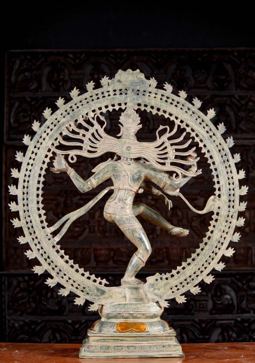 Brass Mystical Shiva as Lord of Dance, Nataraja Statue with Unique Triple Layered Arch 37"
