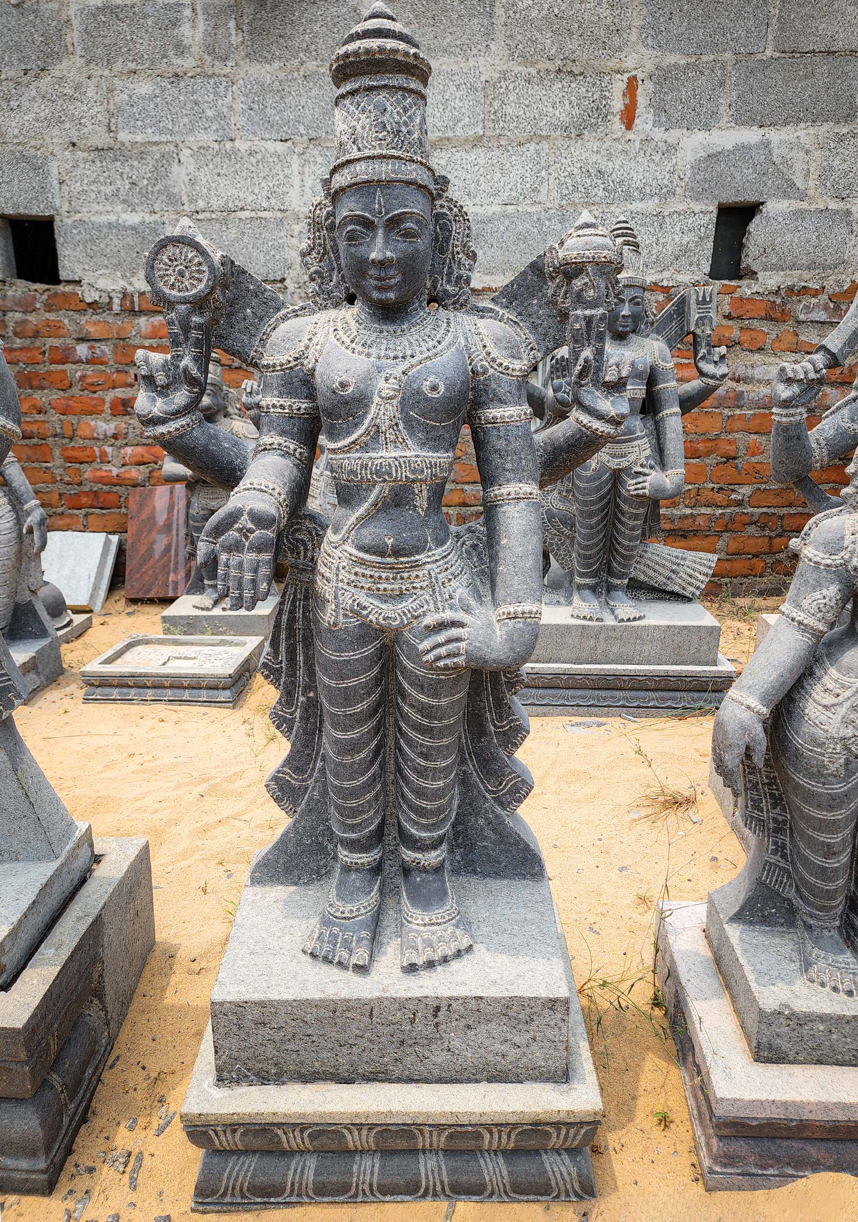 PREORDER Stone Hand Carved Indian Black Granite Varada Mudra Vishnu Statue with Conch & Chakra 50"