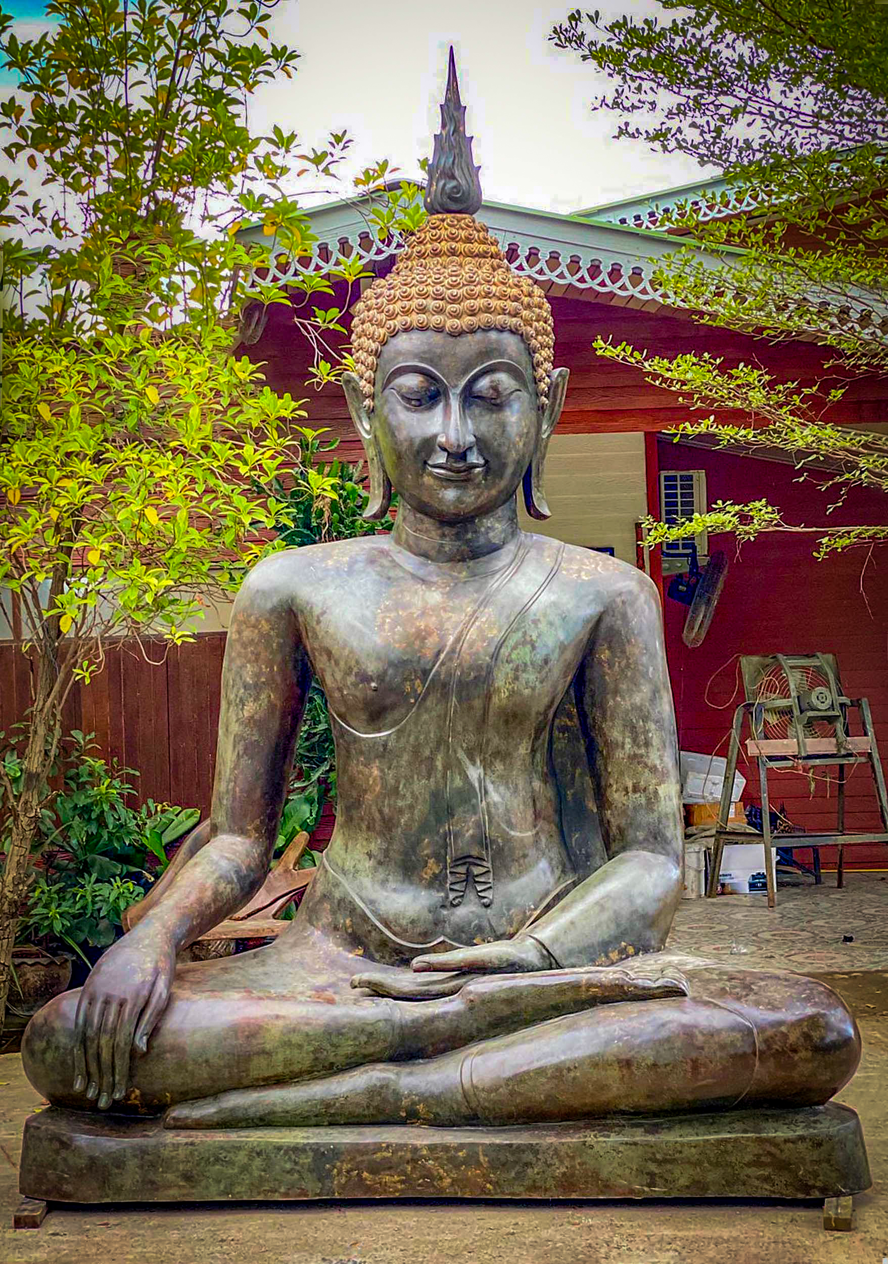 CUSTOM Large Antique Green Patina Sukhothai Style Brass Earth Touching Ardhapadmasana Buddha 144"