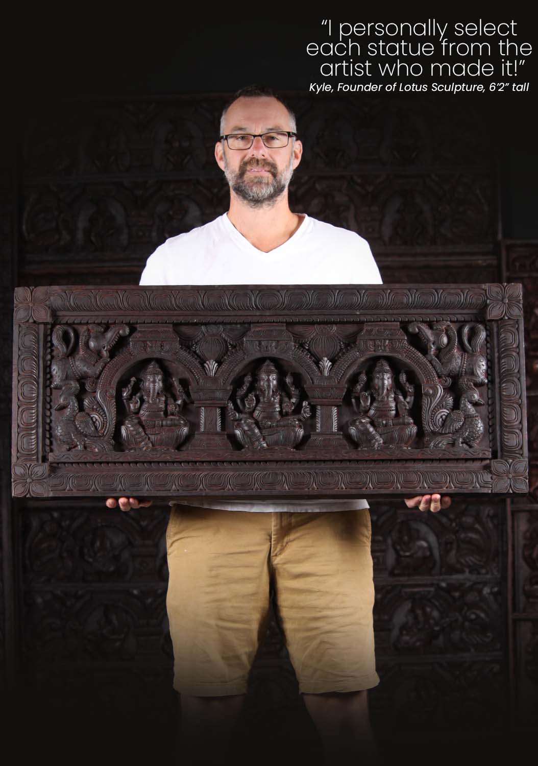 Neem Wood Hand Carved Horizontal Panel of Three Forms of Ganesha with Yalis and Peacocks Statue 42"