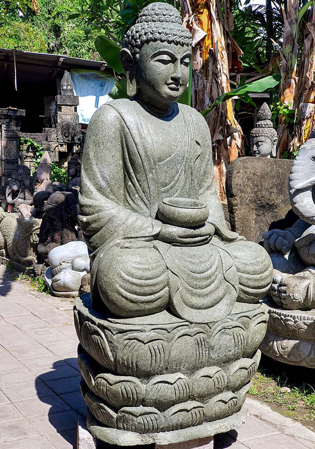 Stone Garden Buddha Sculpture Holding Alms Bowl in Dyhana Mudra Perfect for Outdoors 56'