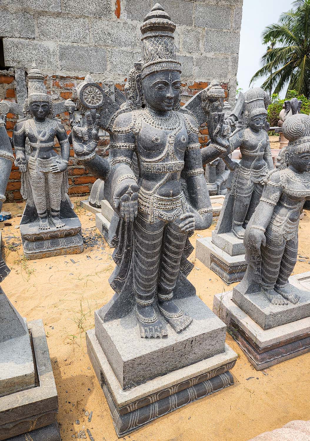 PREORDER Stone Hand Carved Indian Black Granite Varada Mudra Vishnu Statue with Conch & Chakra 50"