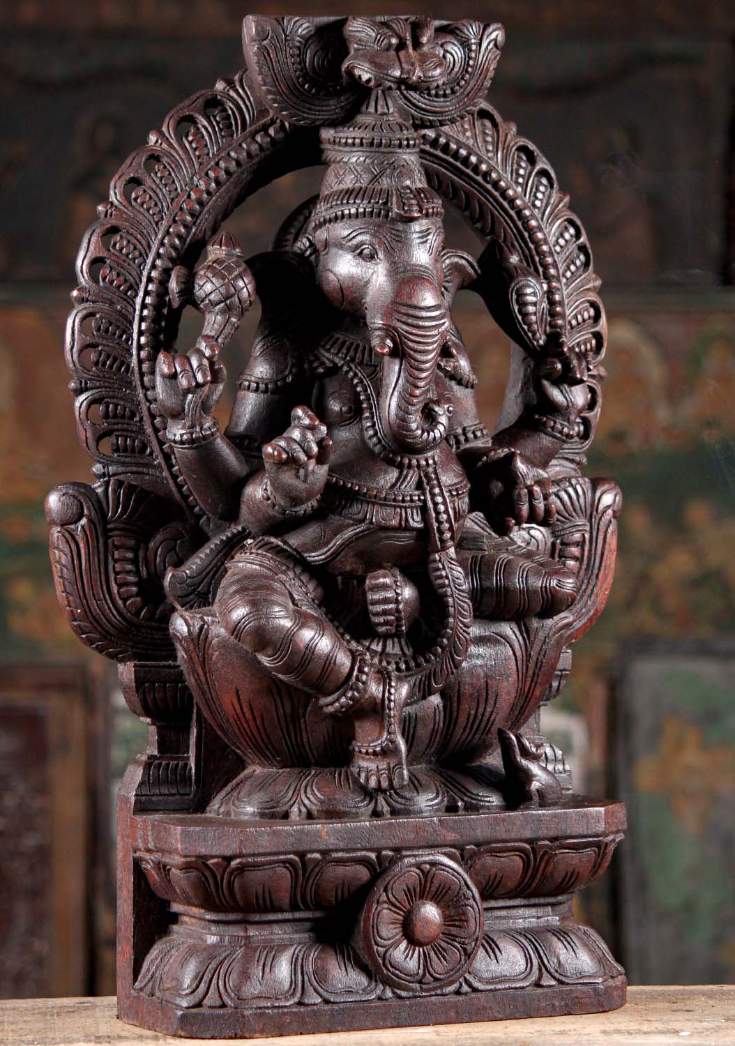 Wood Ganesha Seated Under Mahakala Arch Hand Carved Neem Wood Statue 24"