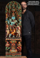 Colorful Wooden Panel Krishna Statue Playing the Flute Under Lush Canopy with Cow 60"